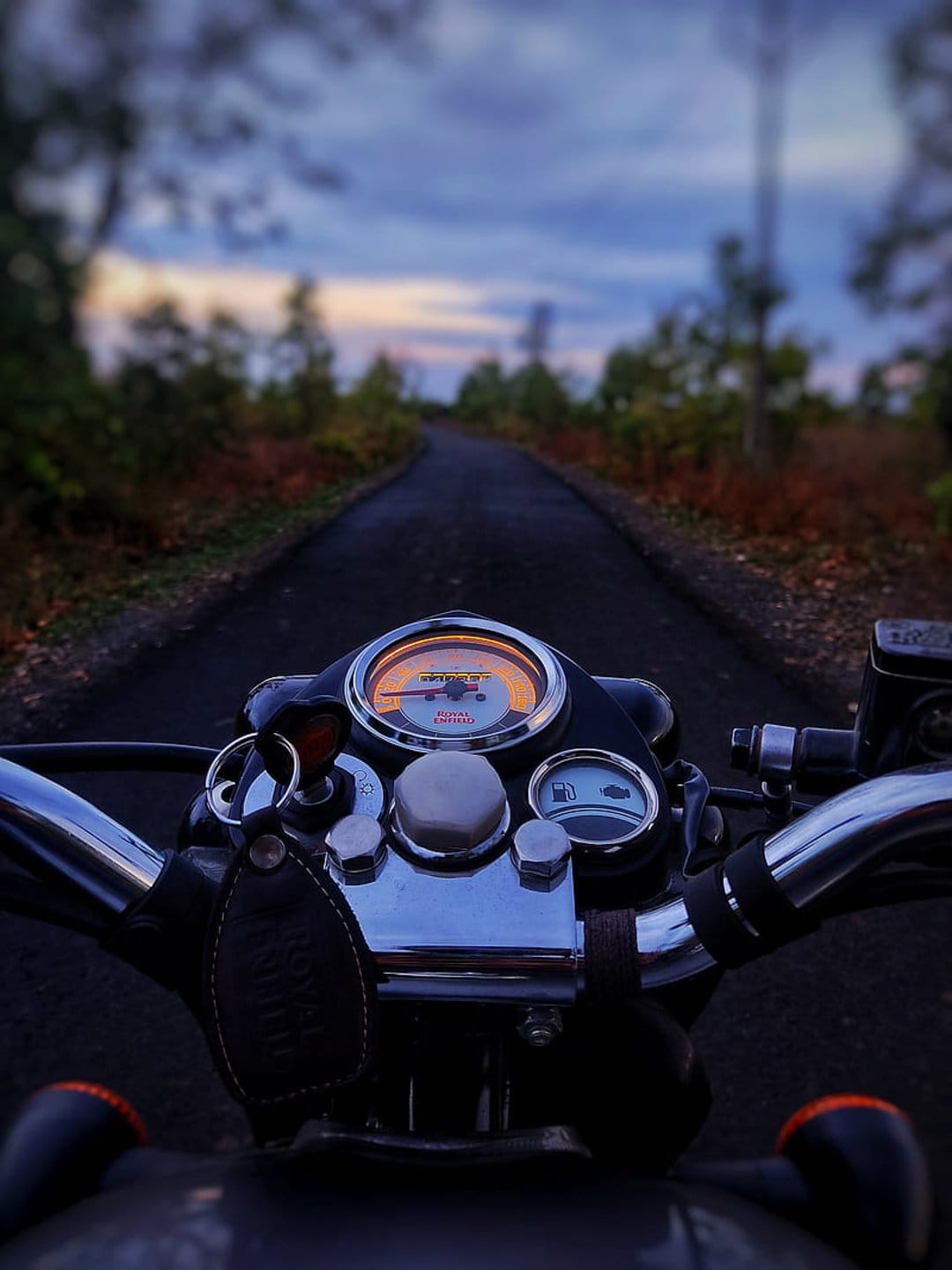 Motorcycle speedometer and fuel gauge glow on a chrome dashboard as a dark road winds through autumn trees at dusk.