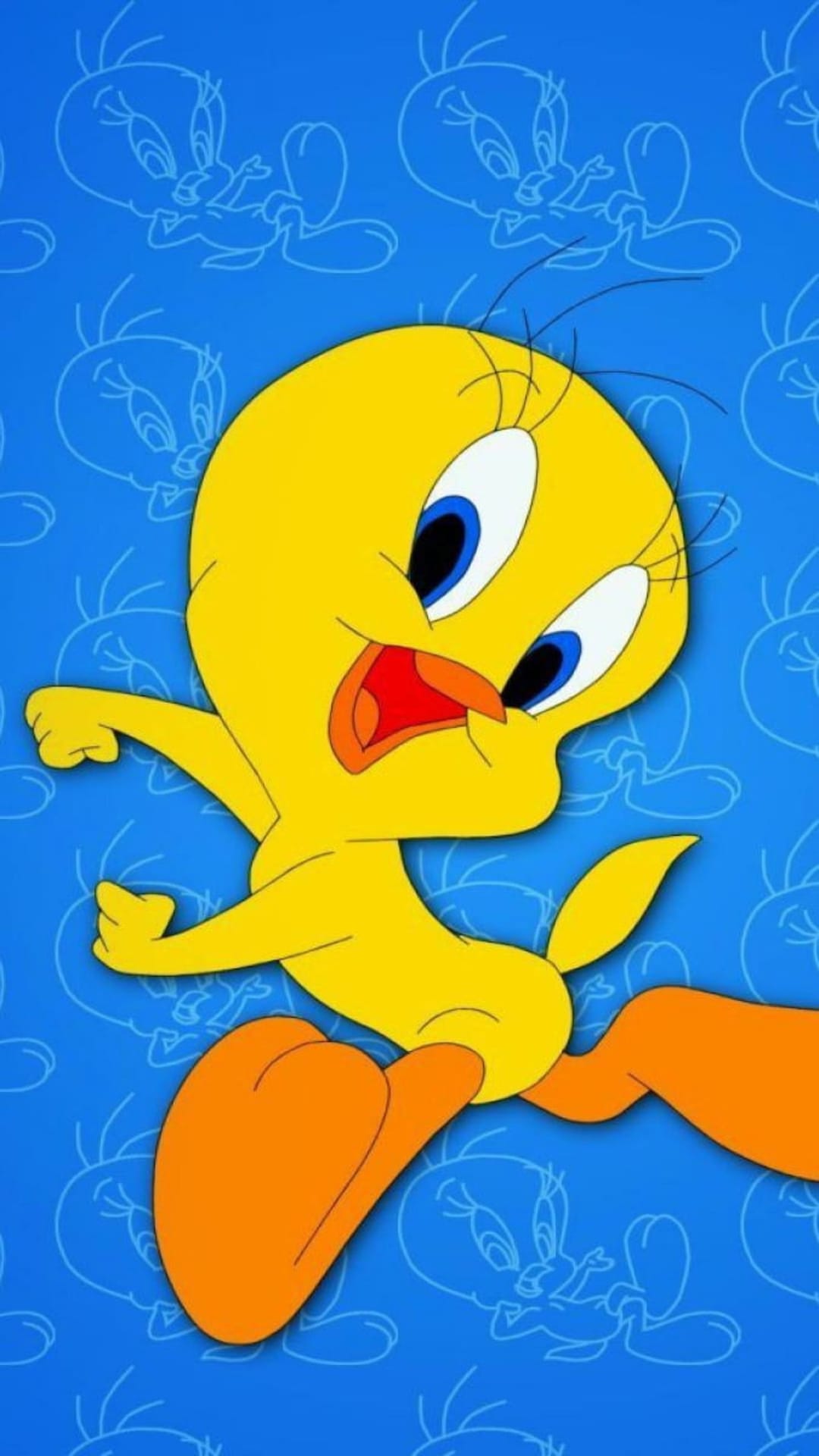 Tweety Bird dashes with an open beak across a blue background featuring a pattern of yellow bird silhouettes.