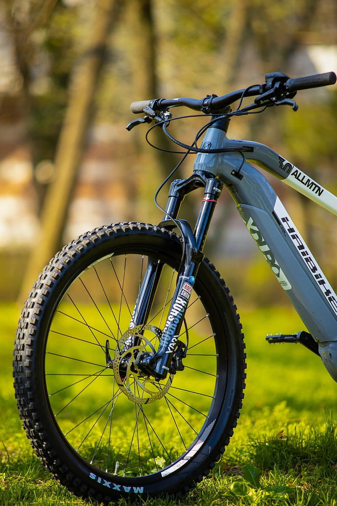 Haibike ALLMTN electric mountain bike with RockShox forks and Maxxis tires parked on grass in a forest setting.