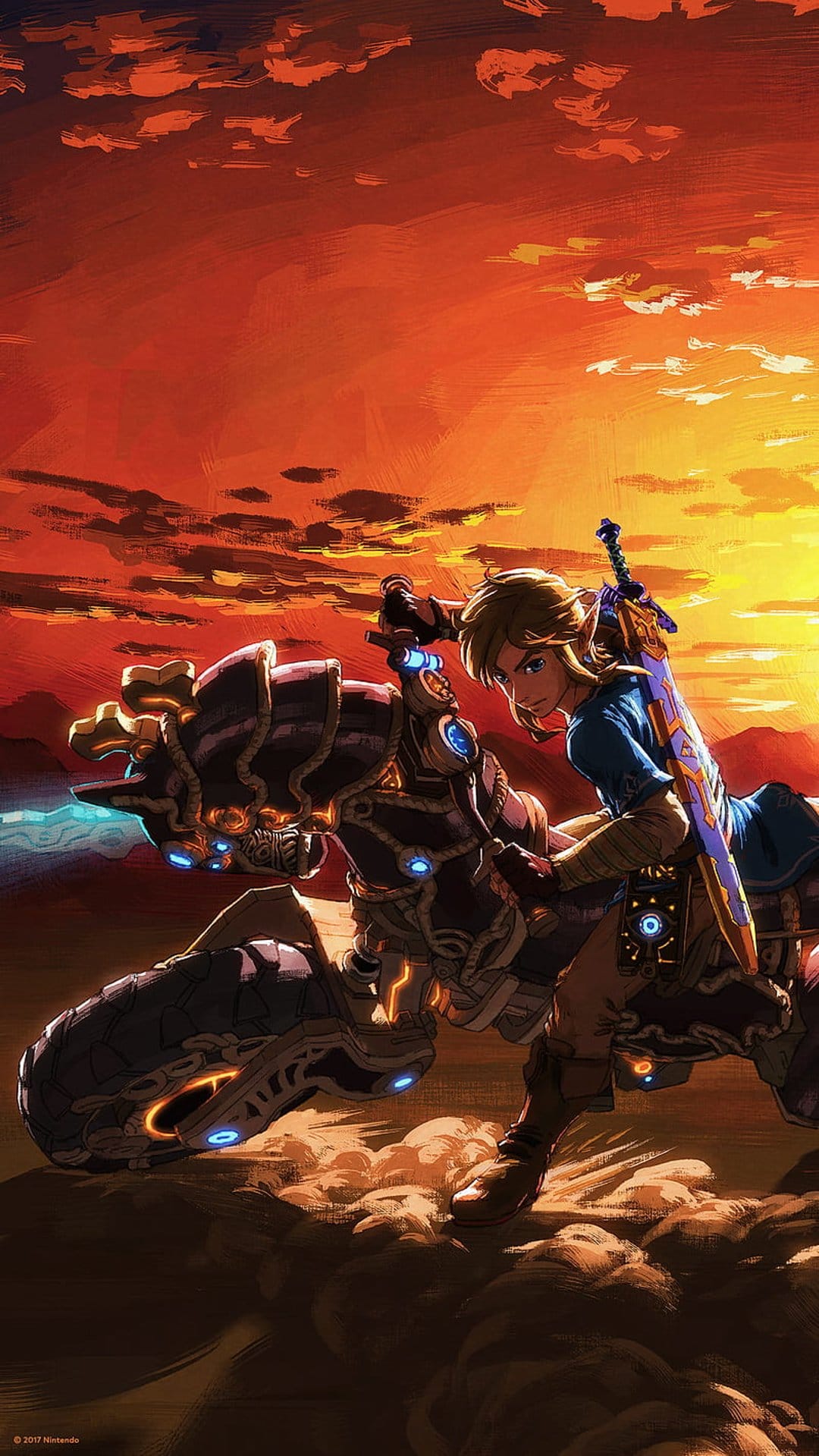 Link rides the Master Cycle Zero motorcycle through a fiery sunset with a Sheikah Slate visible on his hip.