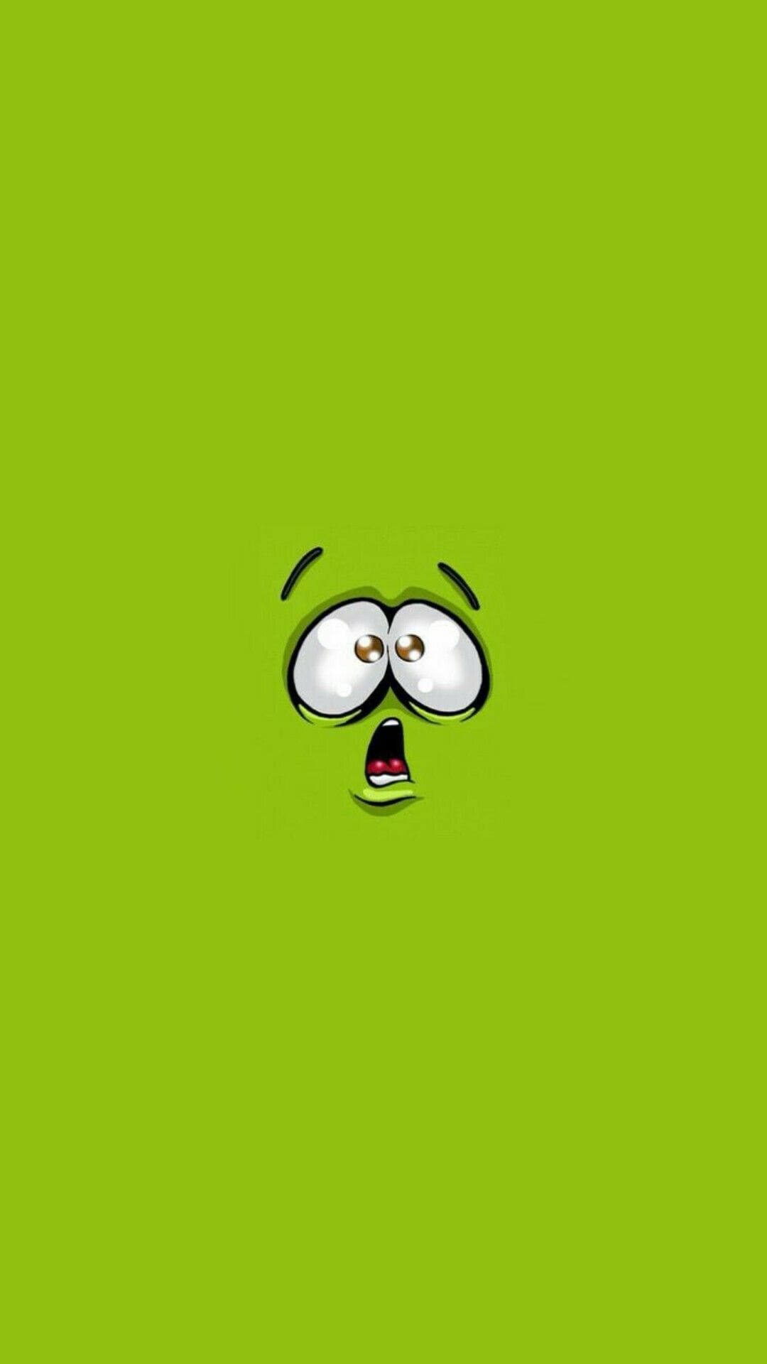 Shocked cartoon face with wide circular eyes and an open mouth centered on a solid lime green background.