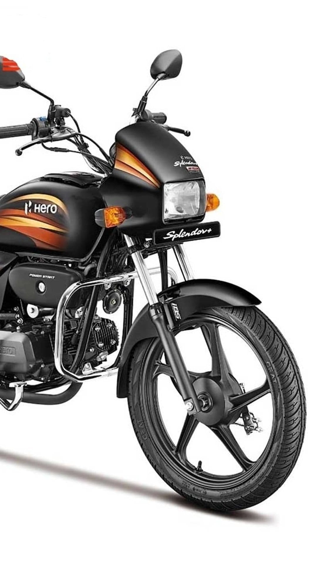 Hero Splendor Plus motorcycle front view with orange accents, chrome headlight, and black engine on studio grey.