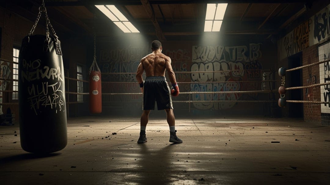 Muscular boxer stands facing away in a dark gym with graffiti walls, punching bags, and dramatic shadow lighting.