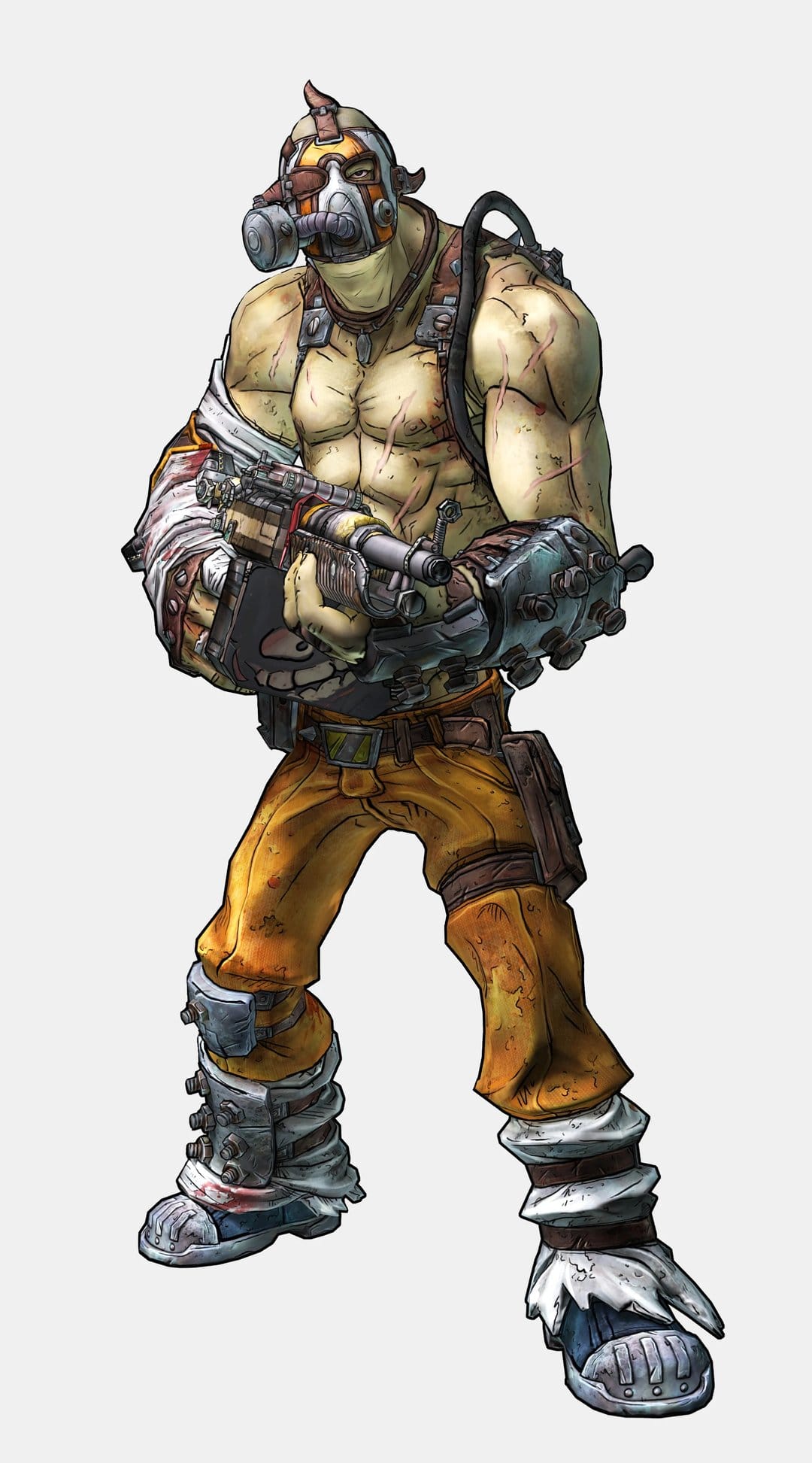 Masked bandit holding a scrap rifle wearing orange pants and a gas mask against a plain white background.