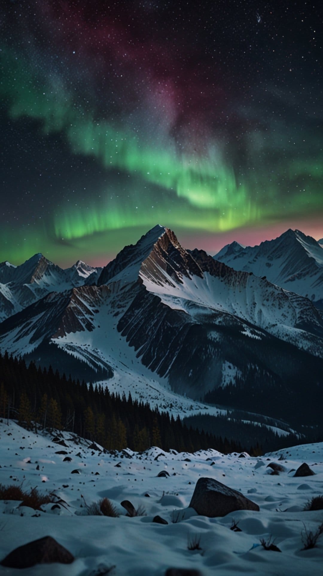 Aurora borealis in pink and green glows over snowy mountain ridges and a dark pine forest under a starry sky.