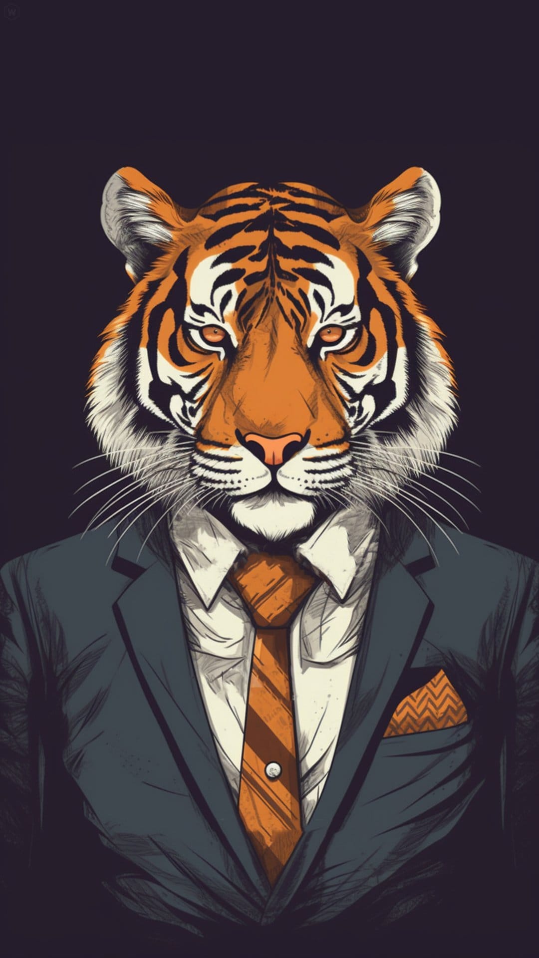 Tiger in a tailored suit with a red tie and pocket square stares forward against a dark minimalist background.