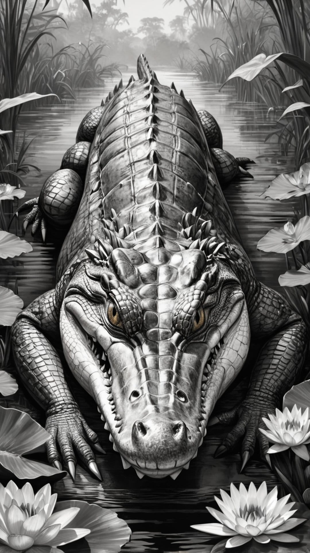 Alligator surfacing from a swamp with visible scales and teeth among lily pads in a black and white portrait.