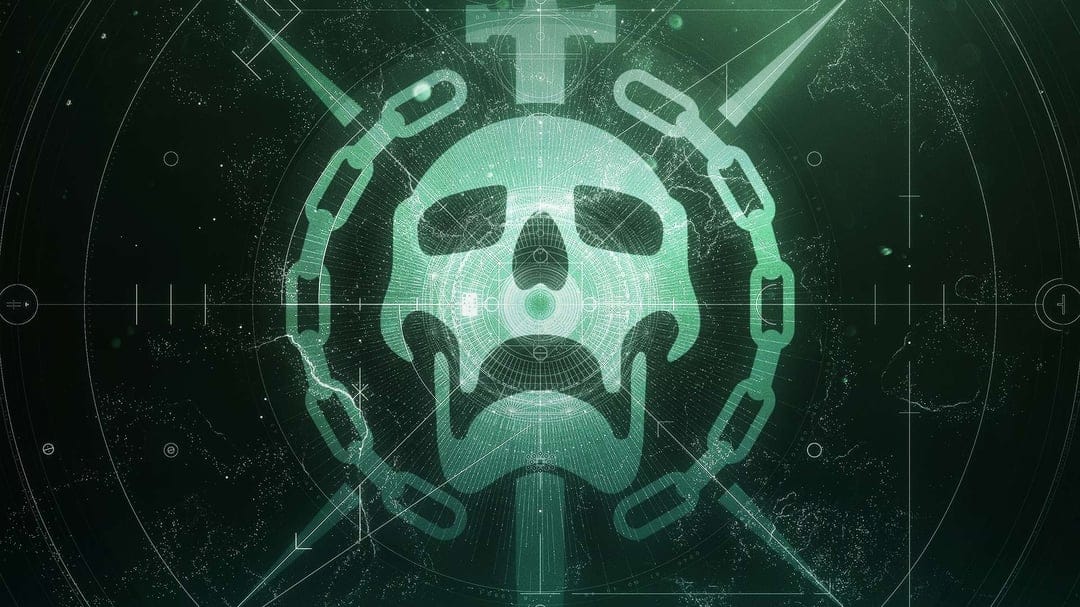 Glowing green skull centered in a circular chain with digital HUD graphics on a dark technical background.
