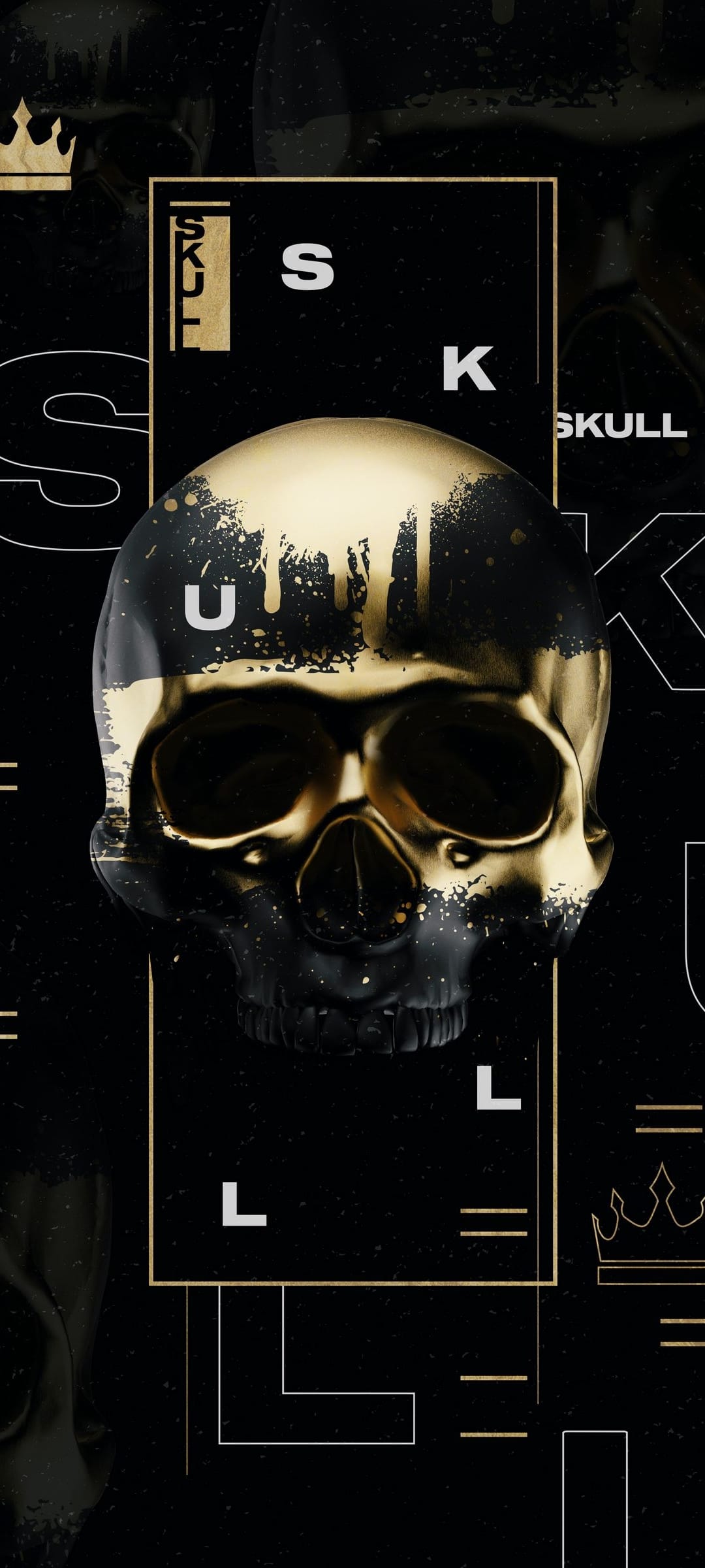 Human skull with metallic gold paint dripping from the forehead against a textured black grunge background.