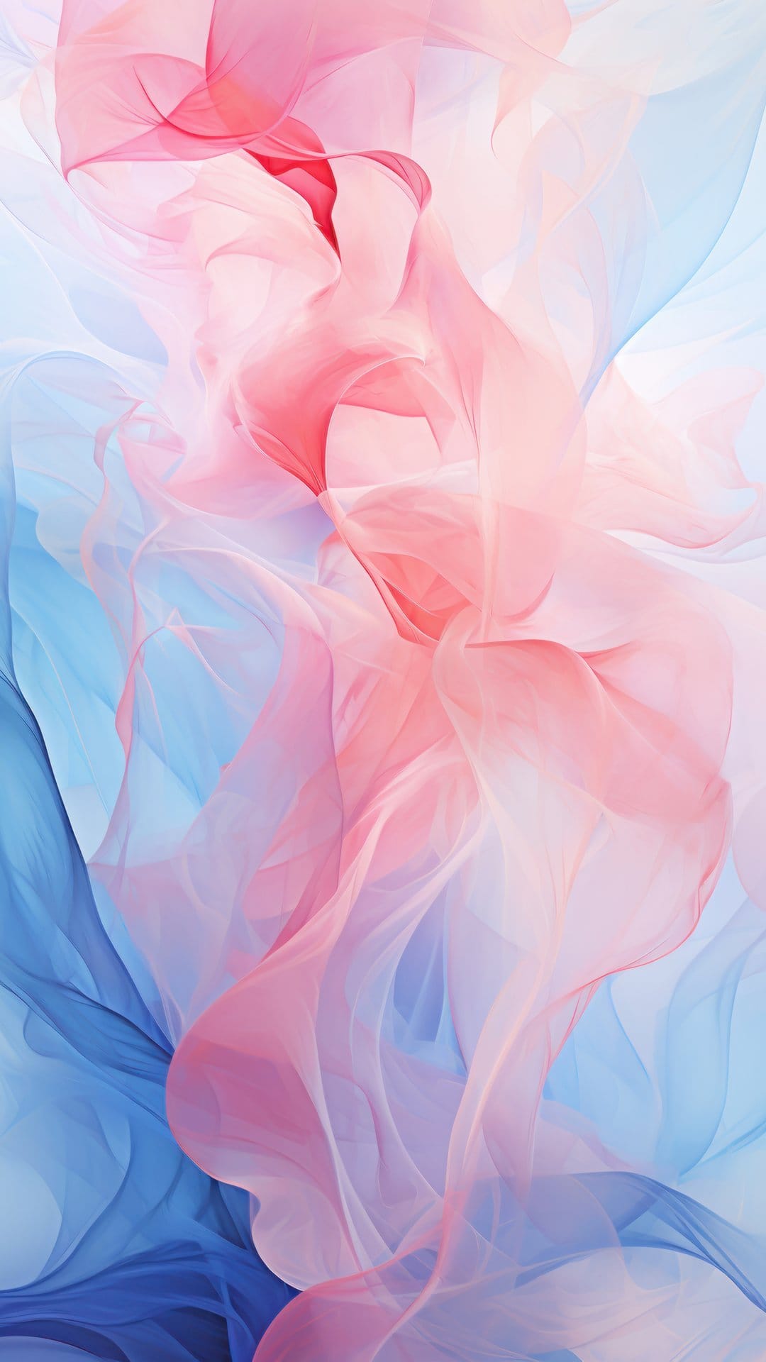 Pastel pink and blue silk-like layers flowing in a vertical composition with ethereal lighting and soft depth.