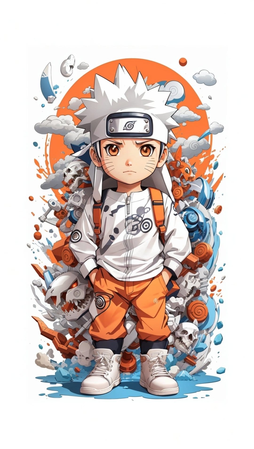 Naruto Uzumaki in an orange outfit stands before blue swirls, white clouds, and stylized skulls in portrait view.