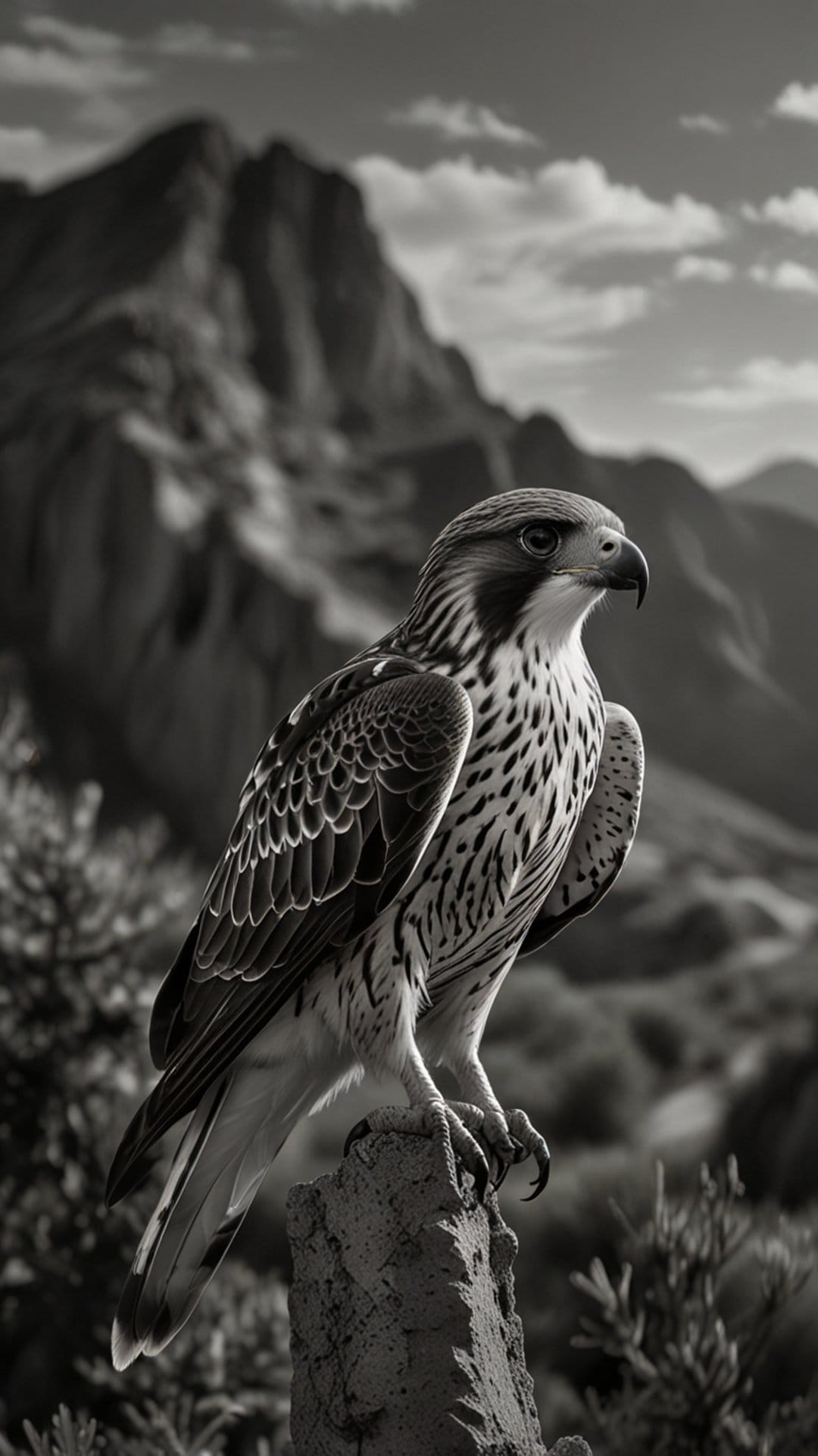 Falcon with detailed feathers sits on a sharp stone before a cloudy mountain ridge in high-contrast monochrome.