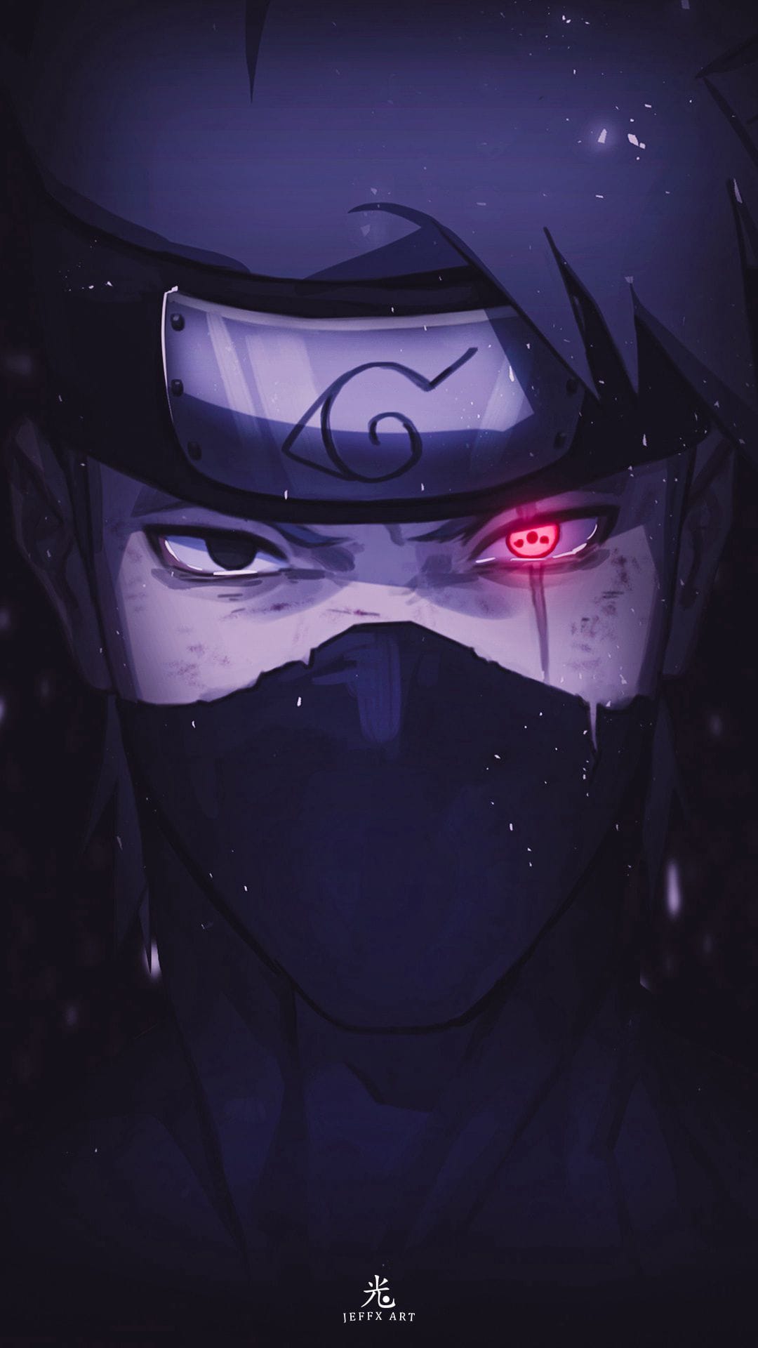 Kakashi Hatake wears a black mask and Leaf Village headband with a glowing red Sharingan eye visible in the dark.