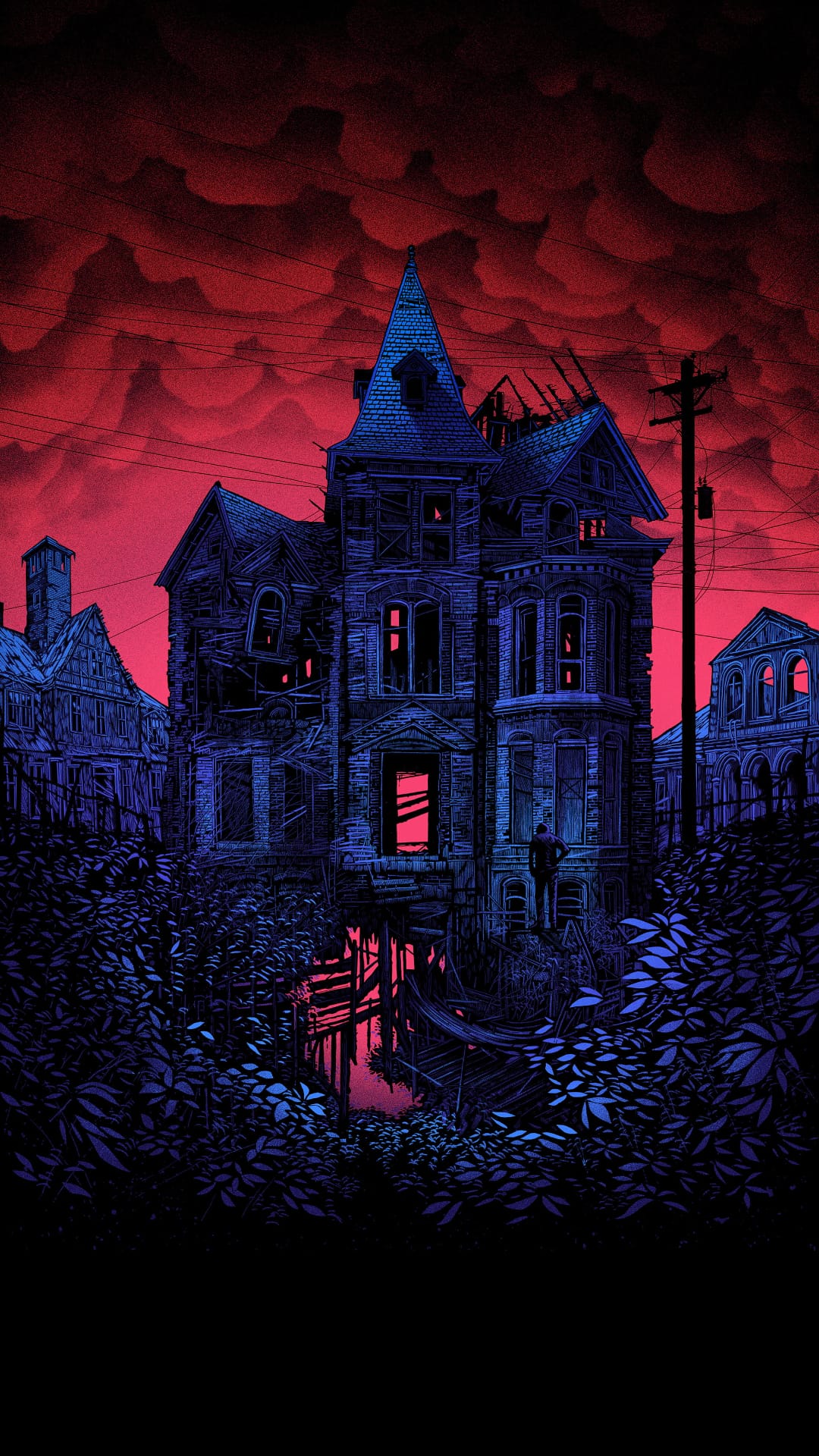Decaying Victorian mansion stands amidst overgrown weeds under a deep crimson sky with swirling dark clouds.