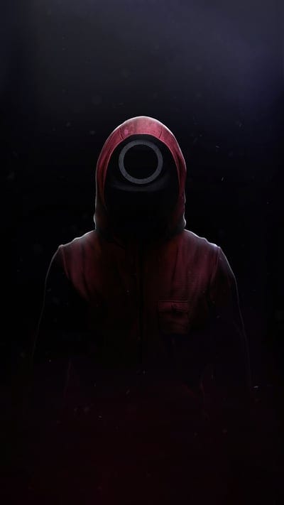 mystery, figure, red hoodie, circle mask, darkness, shadow, atmospheric, suspense, intrigue, ominous, hooded figure, sequin mask, gambling, survival, dystopian, character, silhouette, dramatic lighting, digital art, wallpaper, squid game, minimalist, face mask