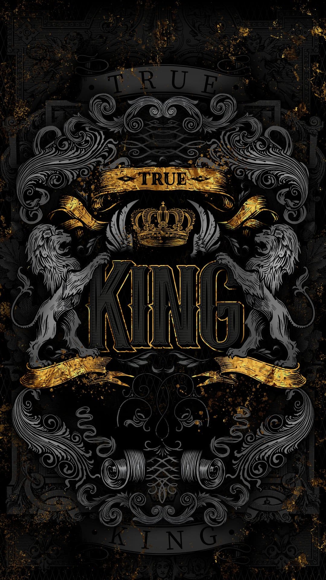 Two golden lions face each other beneath an ornate royal crown and True King text on a dark black background.
