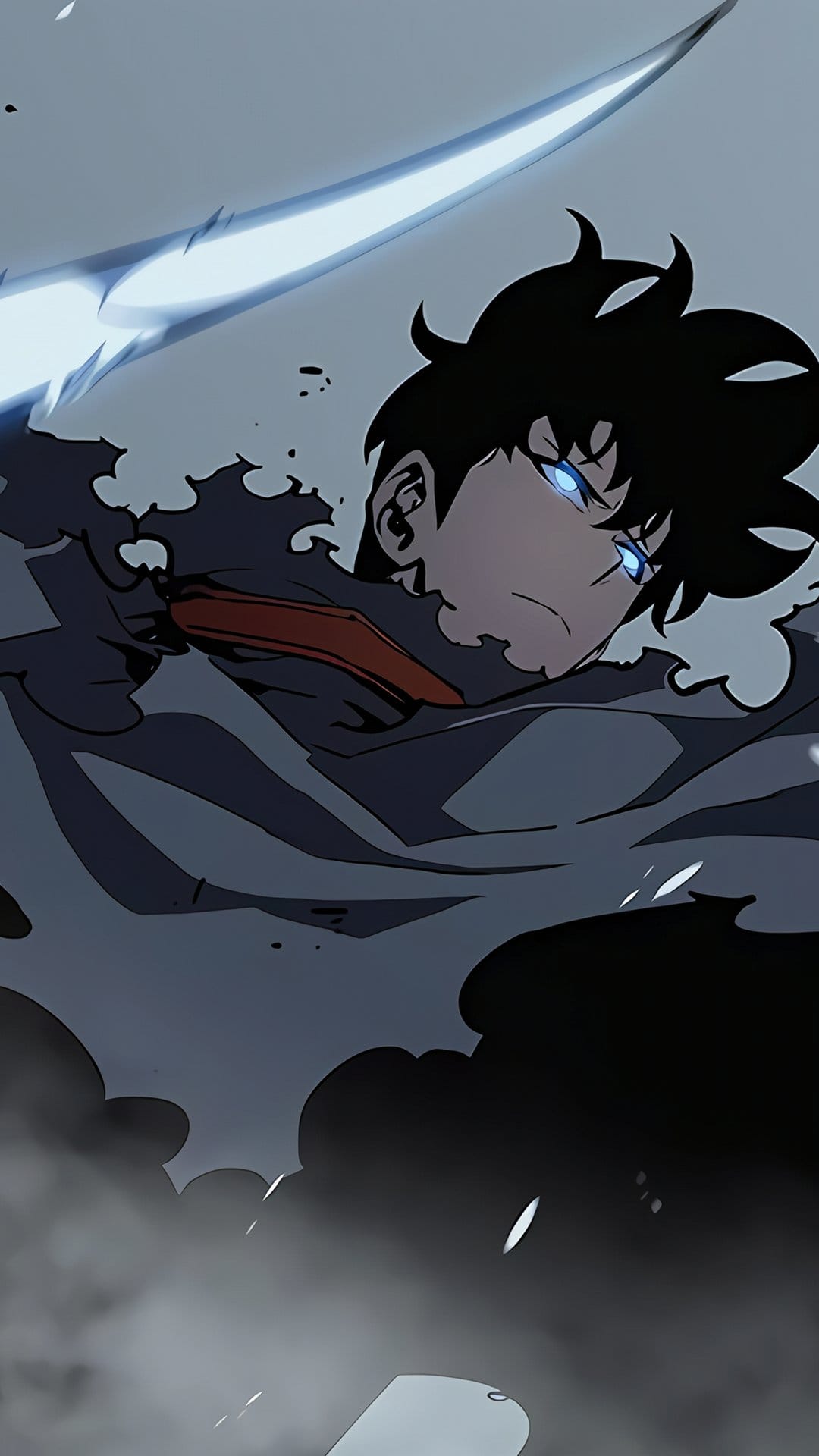 Sung Jinwoo with glowing blue eyes and dark hair stands amidst swirling black energy and a sharp blue blade.