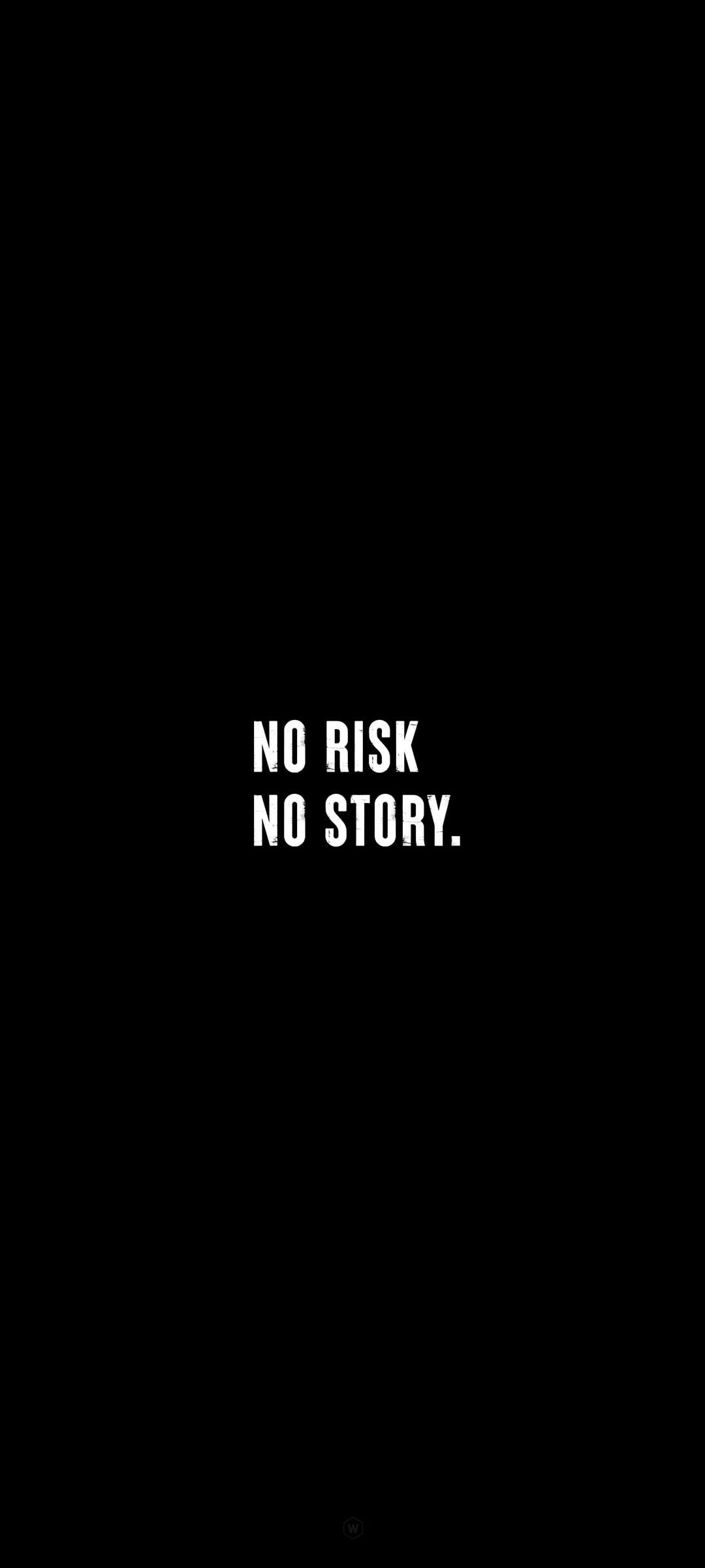 Bold white sans-serif text reading NO RISK NO STORY centered on a solid matte black vertical background.