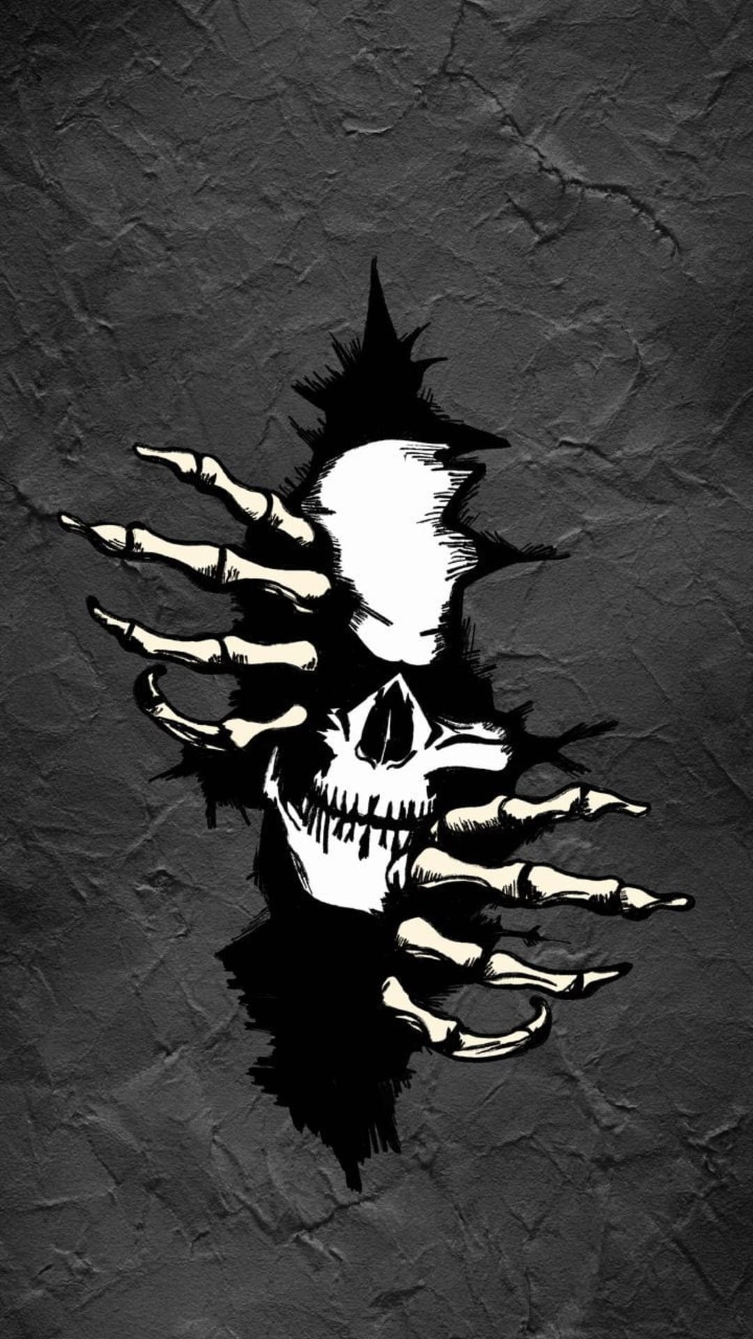 Grinning skull and skeletal hands tearing through a dark, shredded surface with a distressed grunge texture.
