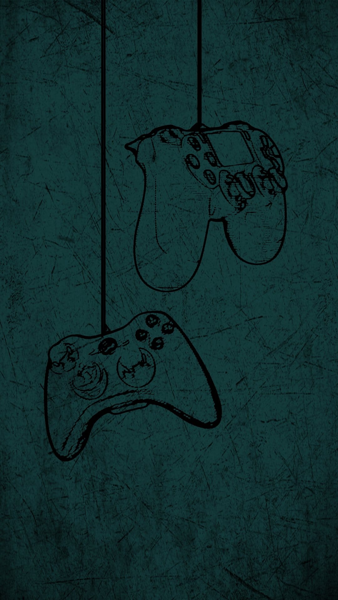 Two game controllers in a sketched outline style hang by thin lines over a dark textured teal background.