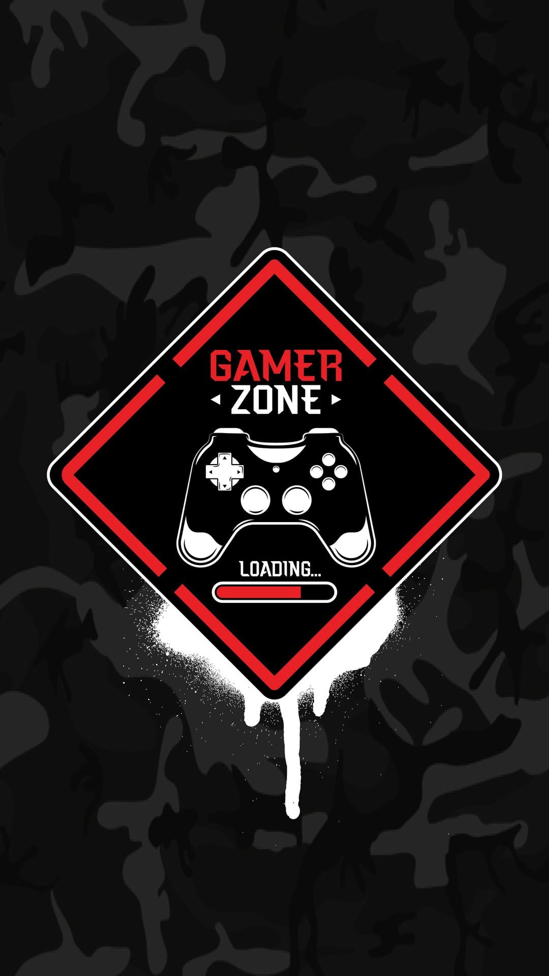 Video game controller silhouette sits above a loading bar on a red diamond and black camo phone background.