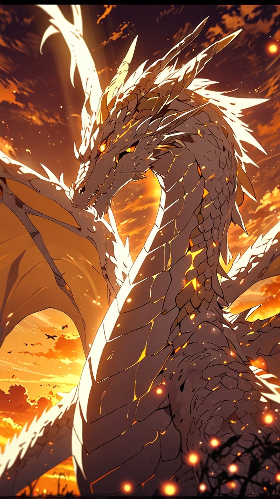 Massive white dragon with glowing eyes ascends through orange sunset clouds past silhouettes of distant birds.