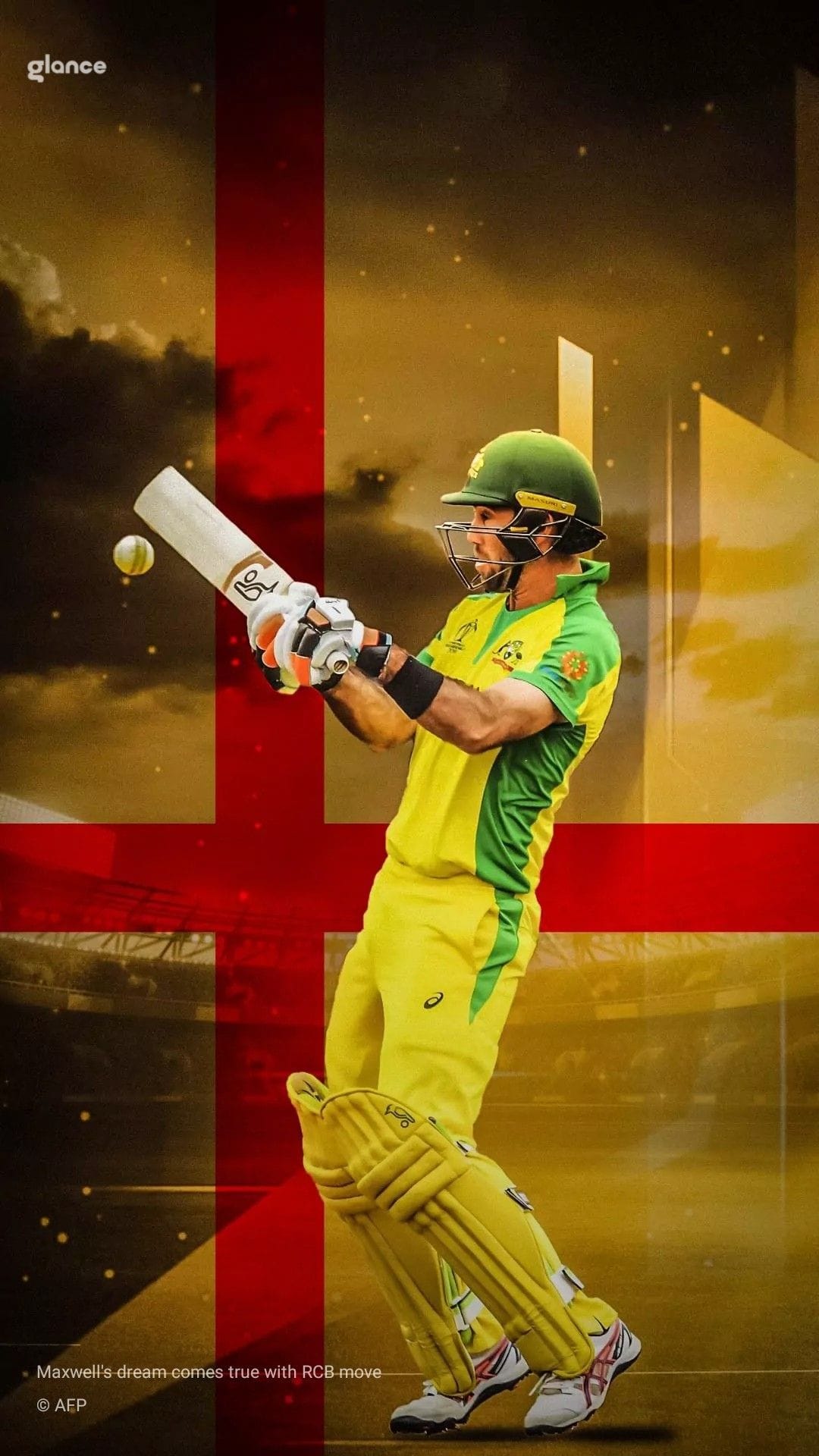 Male cricketer in a yellow uniform completes a batting swing against a red cross flag and cloudy sky background.