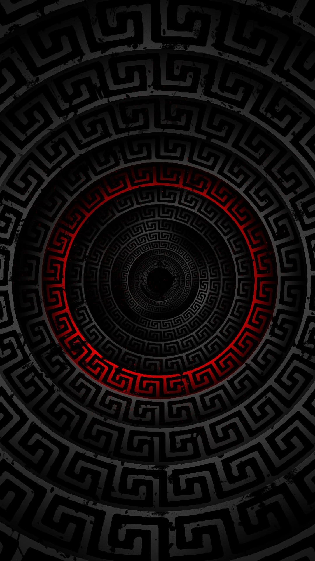 Concentric Greek key patterns forming a deep vortex with a vibrant red spiral leading into the dark center.