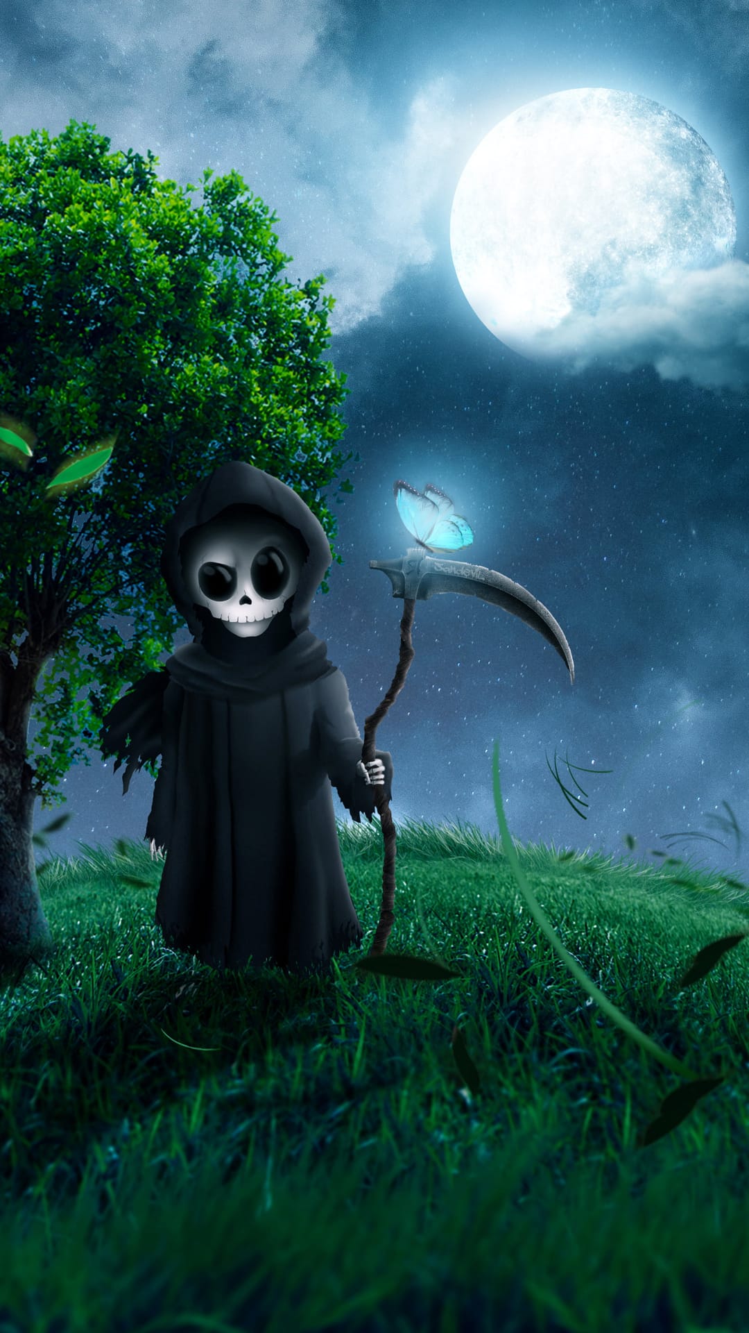 Small hooded reaper holding a scythe with a glowing blue butterfly stands in a grassy field under a full moon.