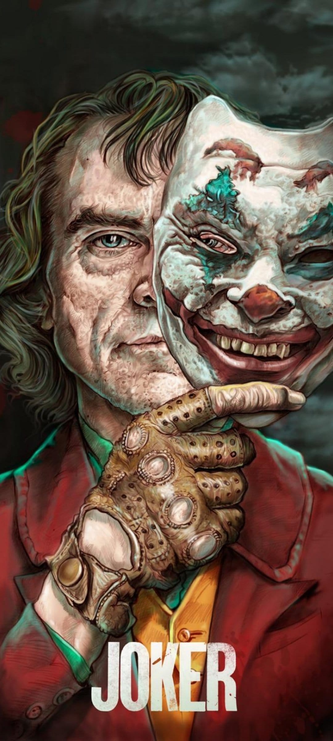 Arthur Fleck holds a painted clown mask over his face with a dark Gotham aesthetic and bold title typography.