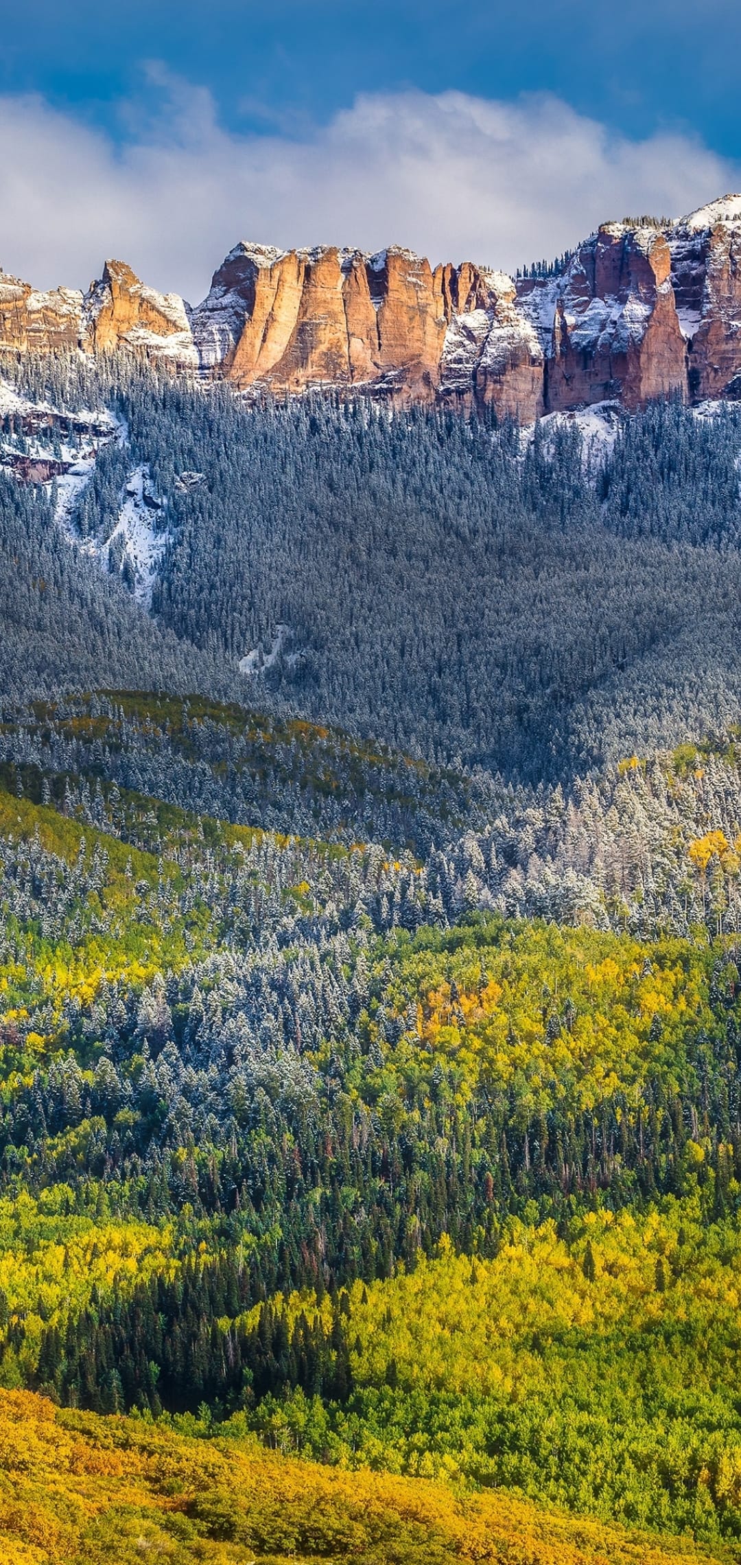 Golden aspen trees and snow-dusted evergreens grow beneath rugged mountain peaks under a bright, cloudy sky.