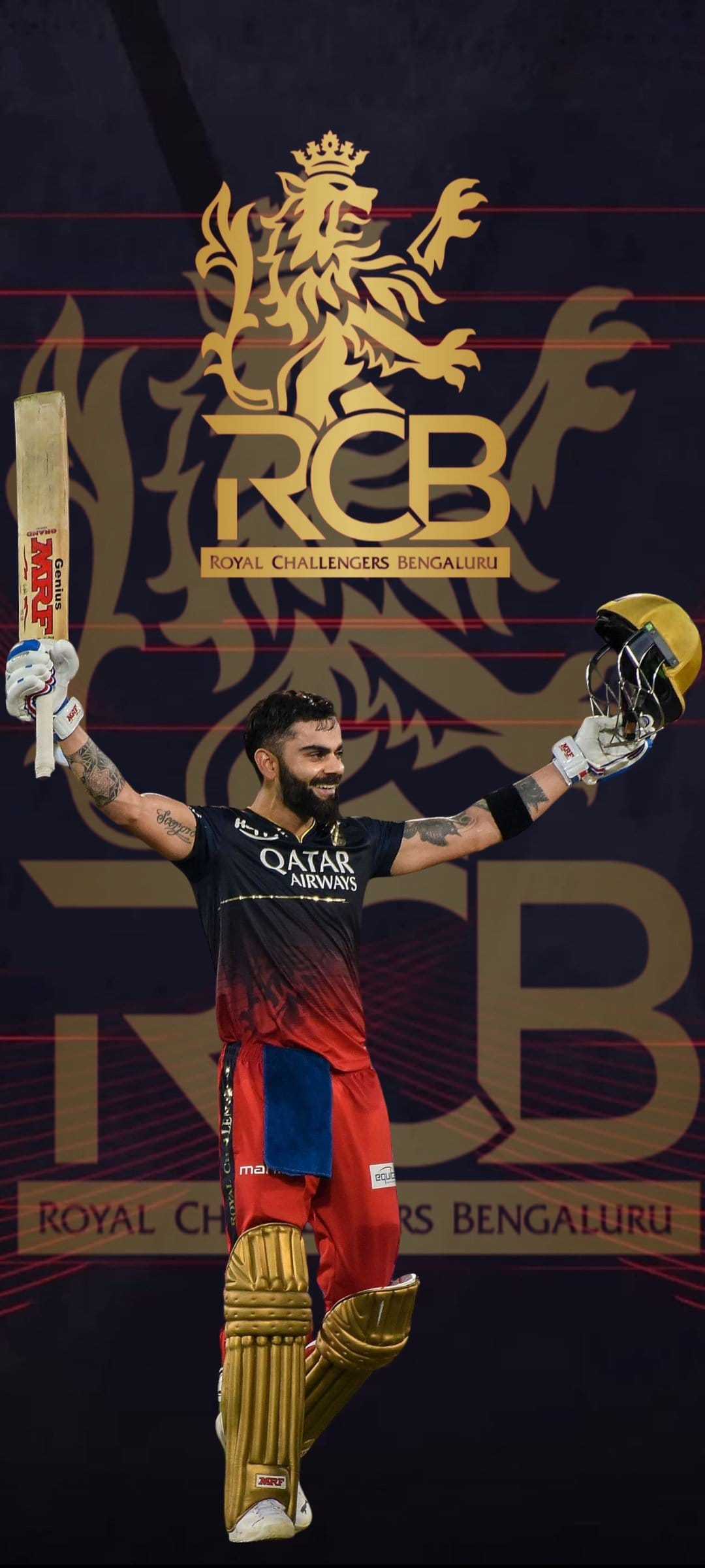 Virat Kohli raises a cricket bat and helmet wearing a red RCB jersey against a dark background with a lion logo.