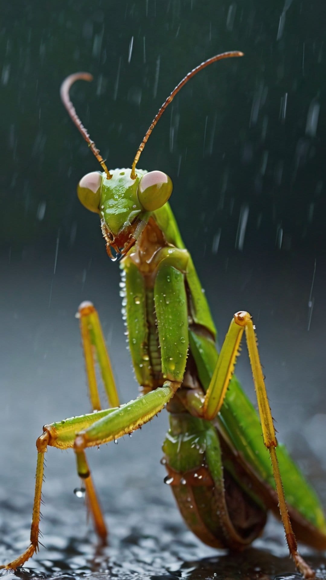 Green praying mantis covered in translucent water droplets with sharp focus on its compound eyes and spiky legs.