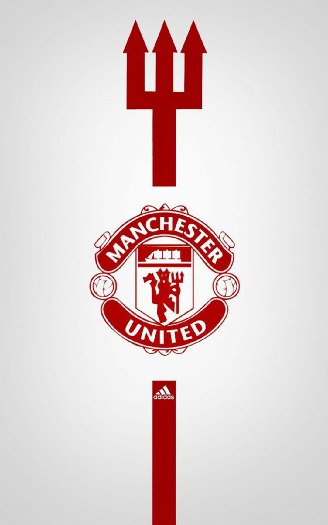 Manchester United crest with a red trident above and Adidas logo below centered on a solid white background.