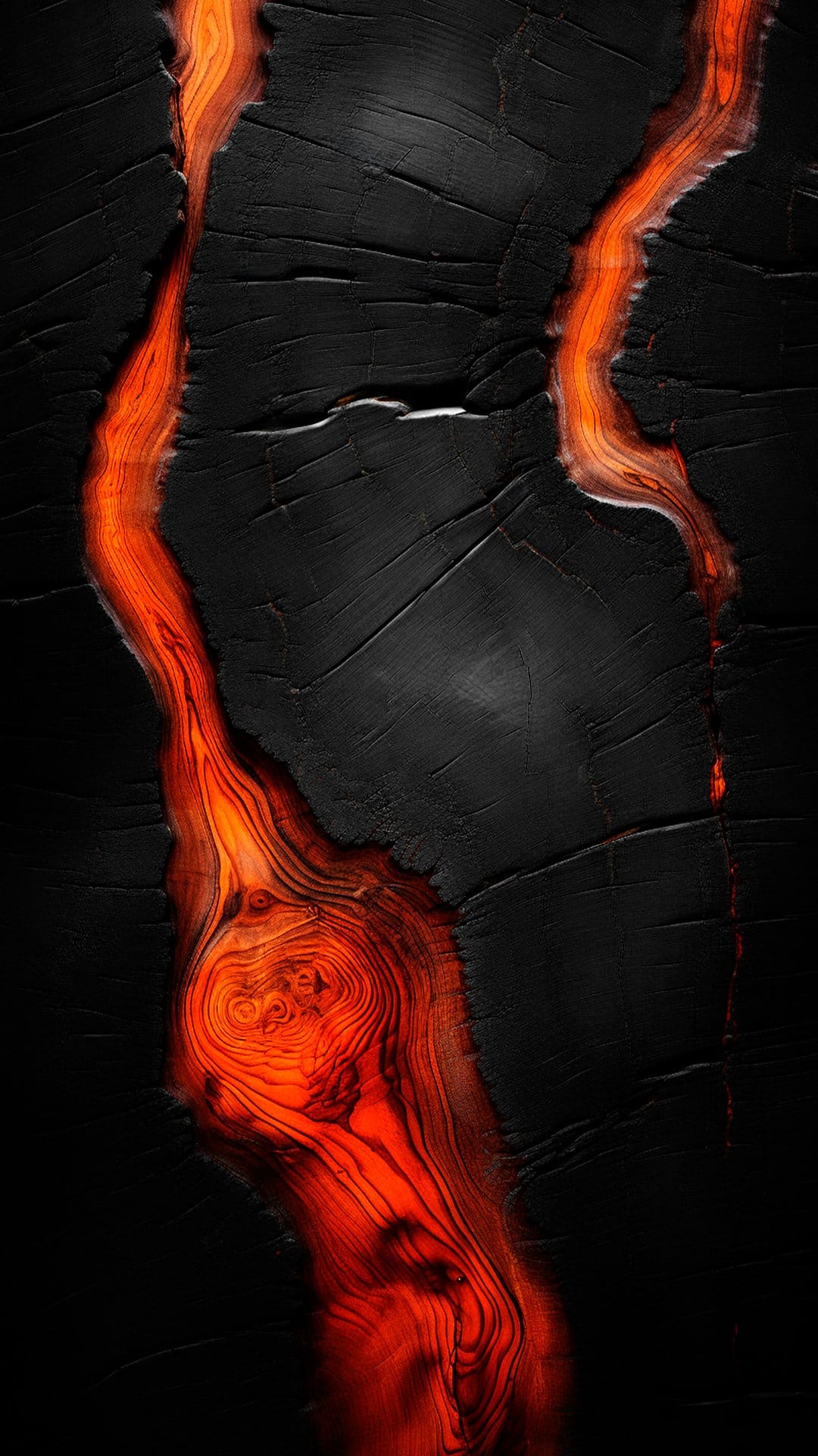 Luminous orange magma flows through deep cracks in a dark textured surface as a high-contrast vertical backdrop.