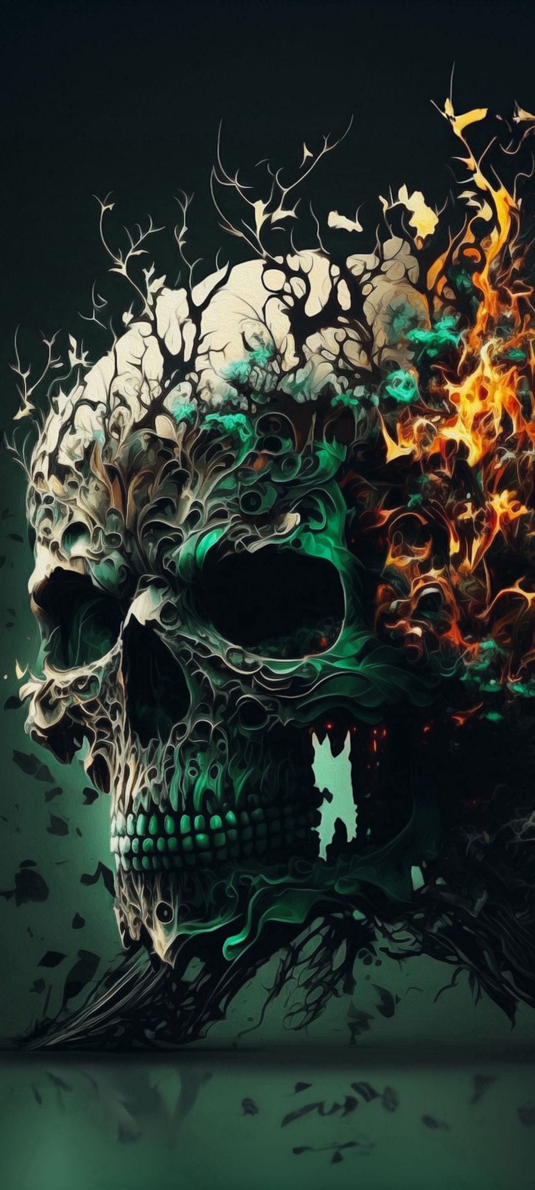 Human skull intertwined with glowing green forest roots and bright orange flames against a dark background.