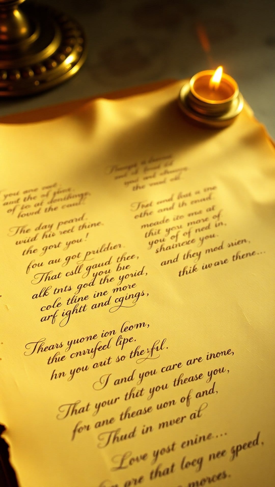Weathered parchment scroll with handwritten calligraphy illuminated by a glowing candle flame in a dark setting.