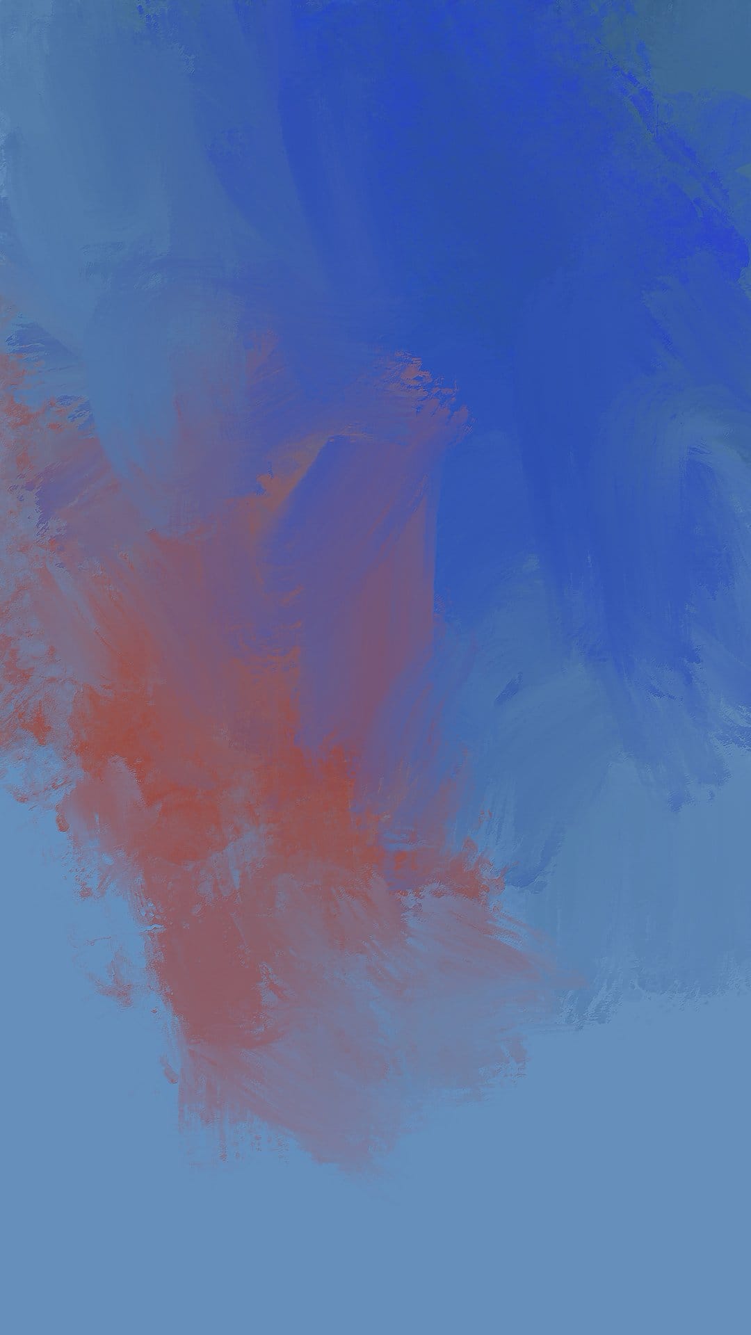 Textured red and blue brushstrokes overlap against a dark blue background in a vertical artistic composition.
