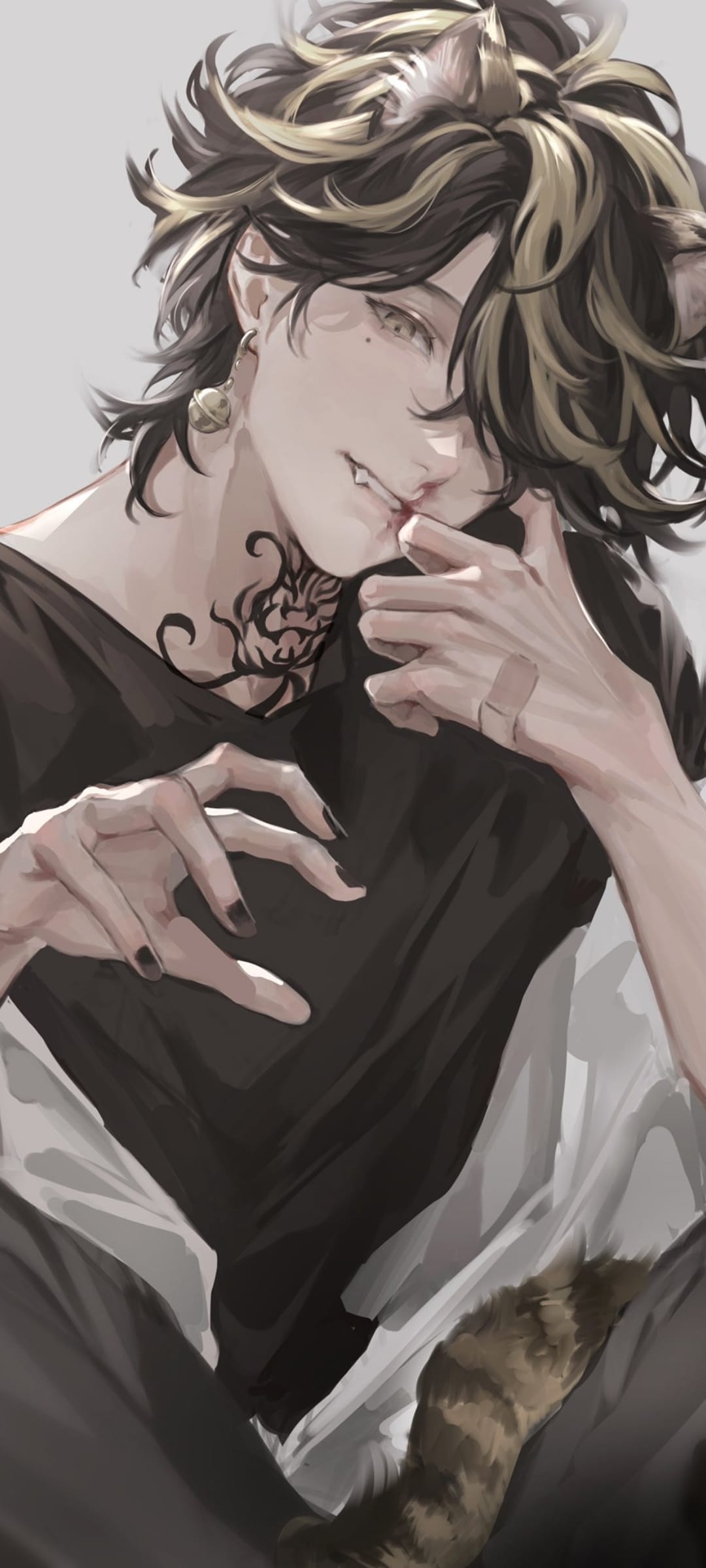 Cat-eared young man with dual-toned hair, a tribal neck tattoo, and blood on his lips in vertical view.