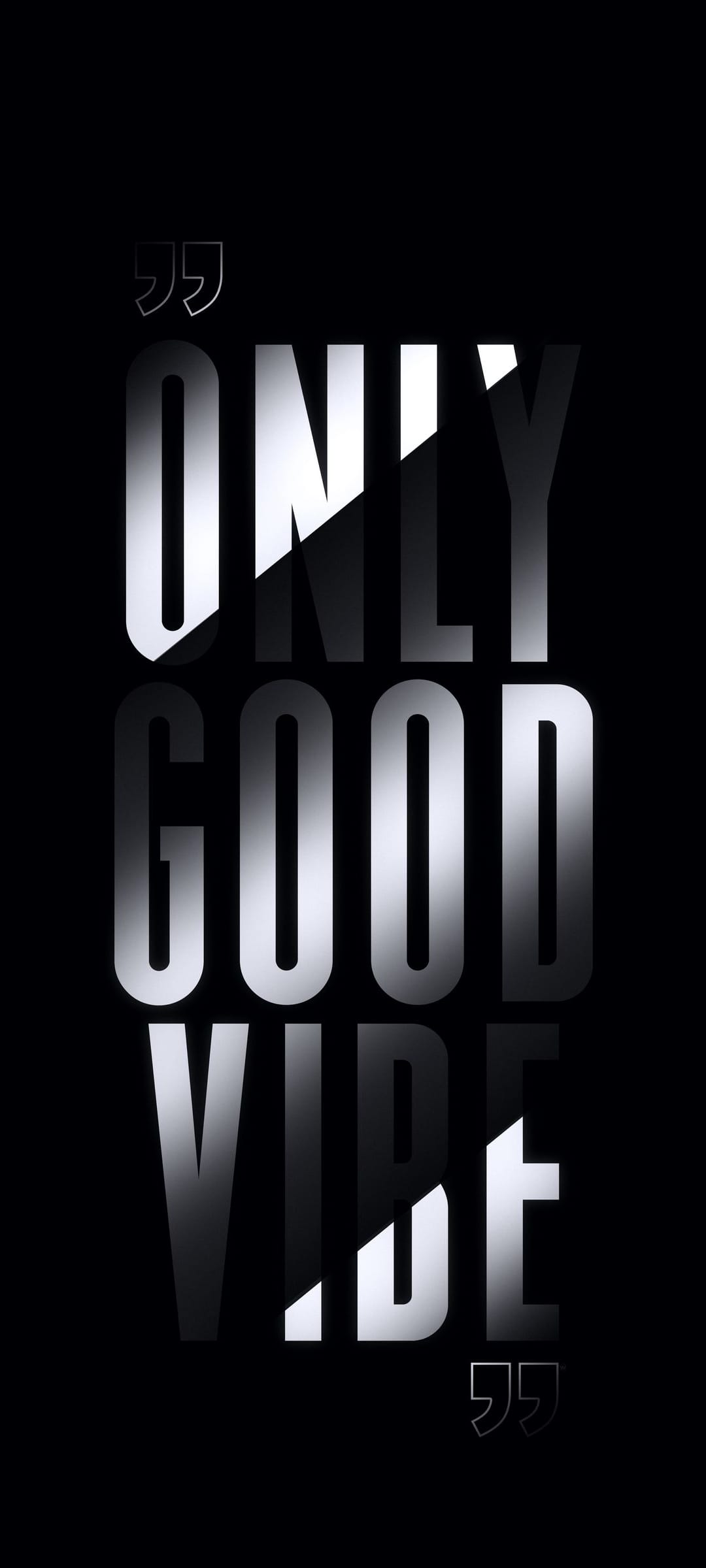 Metallic silver Only Good Vibe text in bold 3D font set against a stark black background with dramatic lighting.