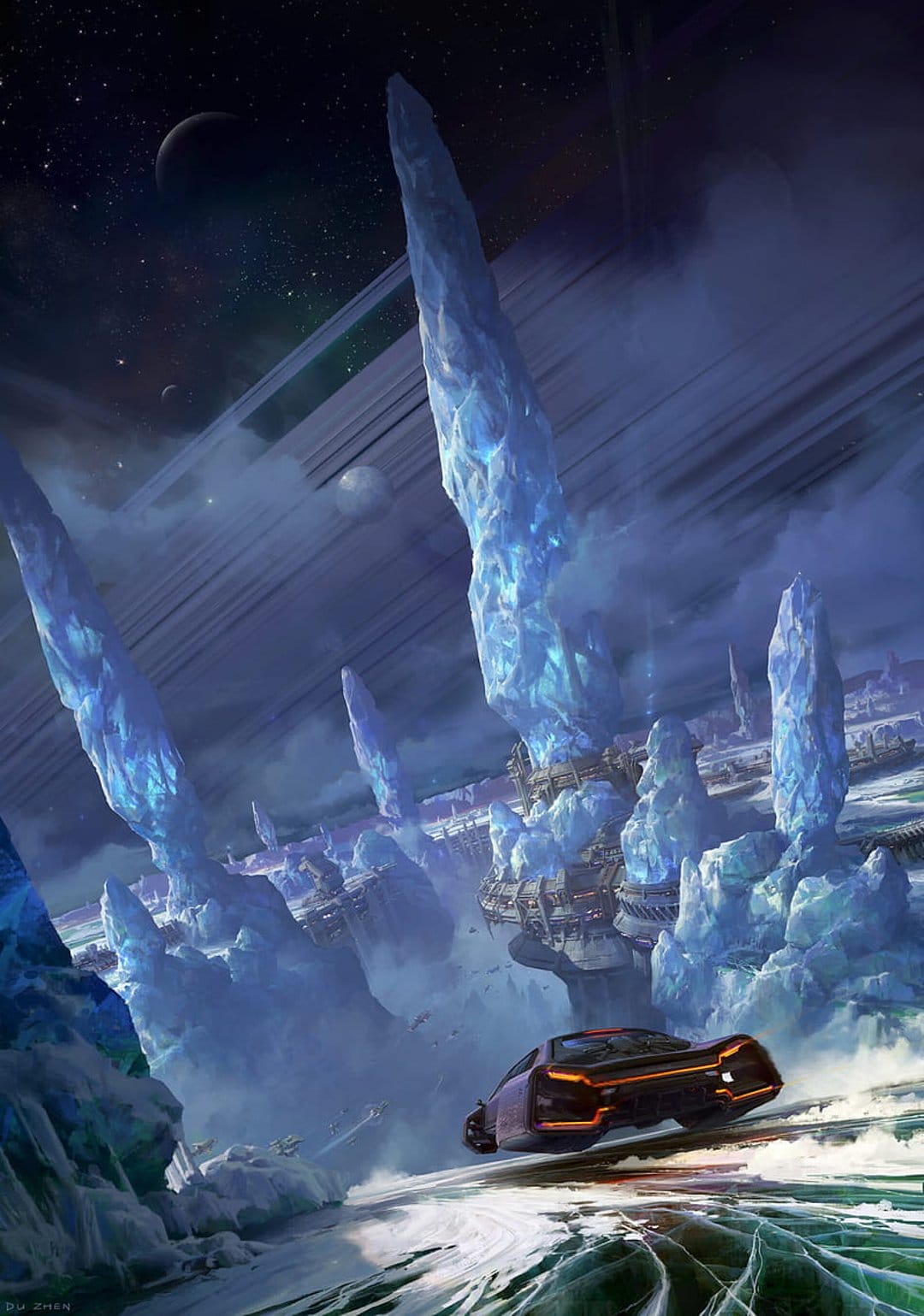 Futuristic silver vehicle speeding past glowing ice crystals on a planet under a massive ringed moon.