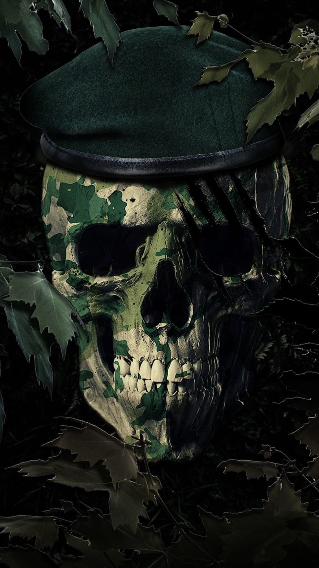 Camouflage skull with a green beret sits among dark leafy foliage in a mysterious and shadowy woodland scene.