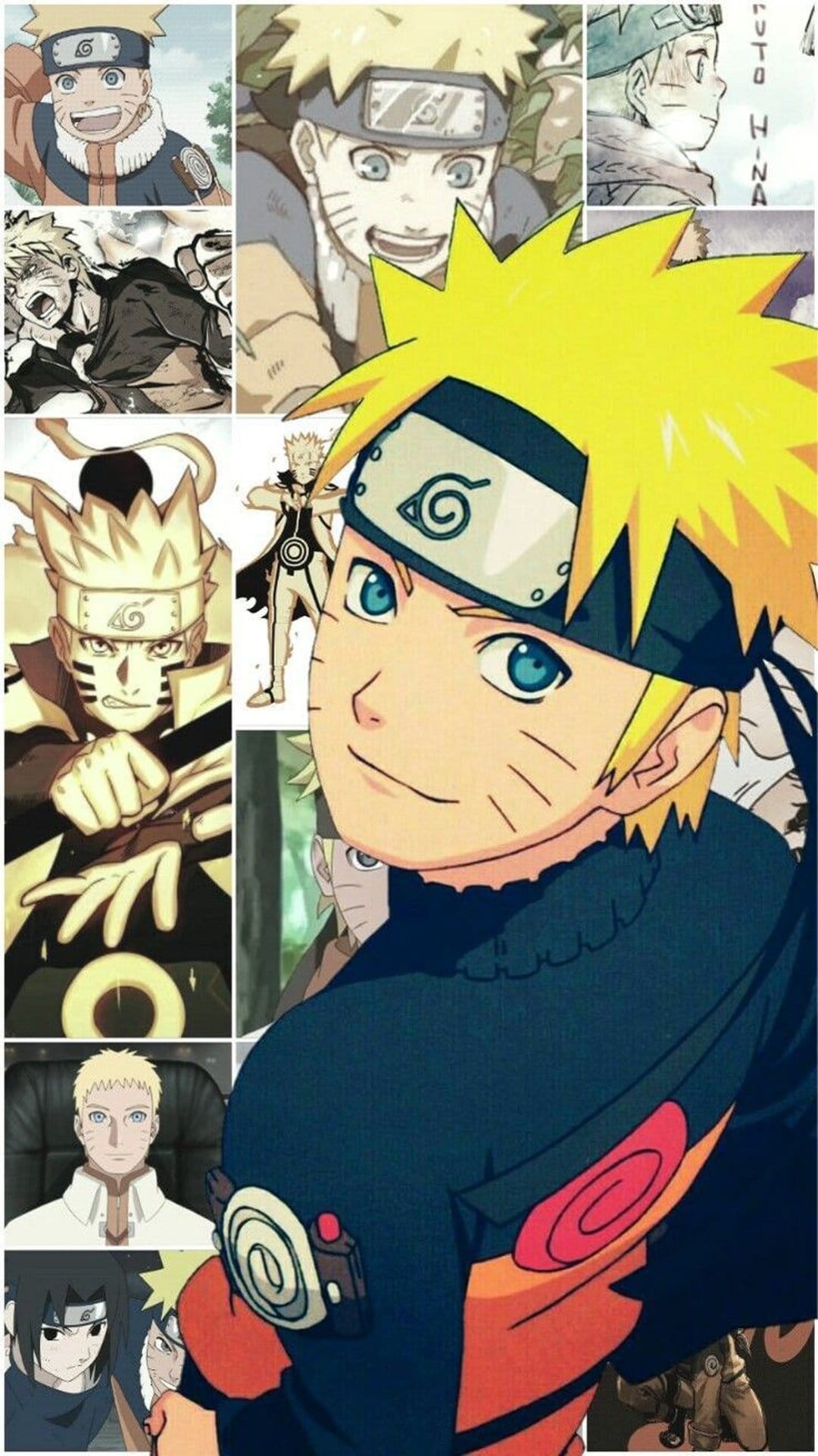 Naruto Uzumaki stands alongside Sasuke Uchiha in a multi-frame vertical layout featuring blue energy and orange glows.