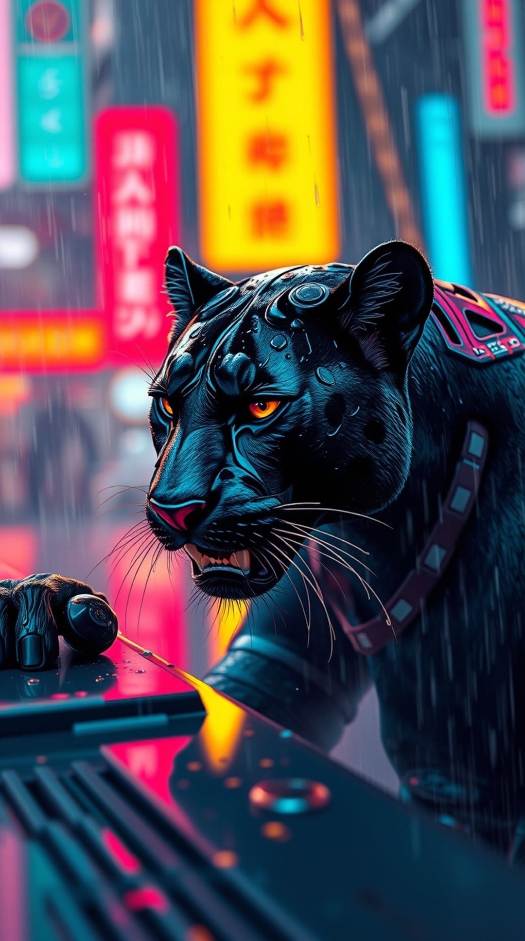 Black panther with glowing eyes stands on a rainy street amidst neon signs in a futuristic nighttime city.