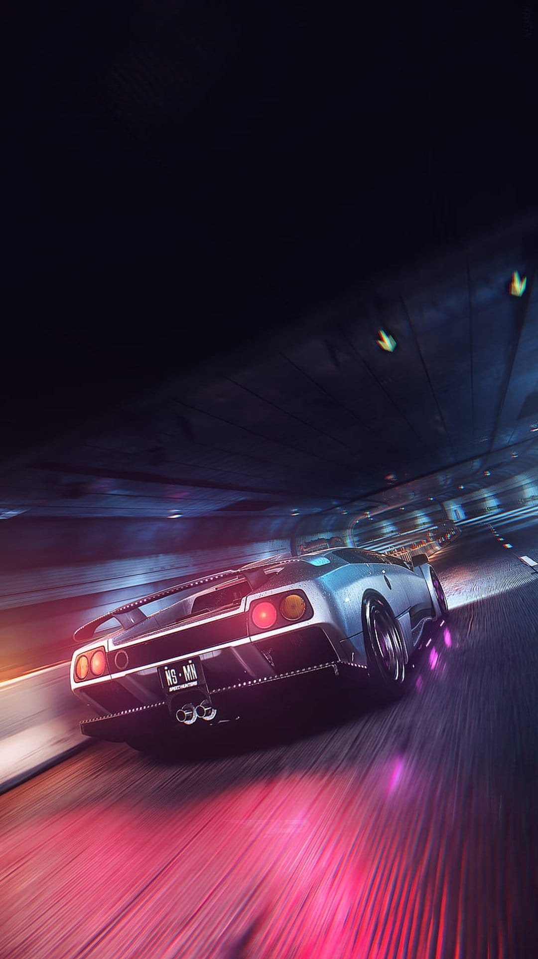 Sleek sports car with glowing red taillights speeds through a dark tunnel illuminated by vibrant pink neon light.