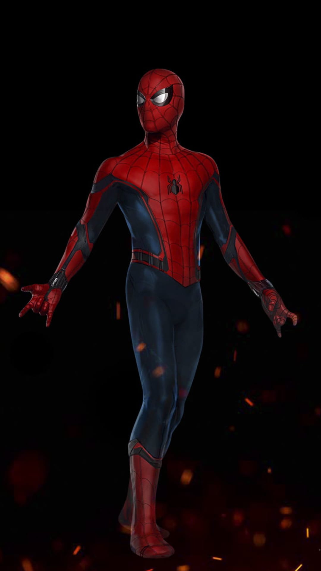Spider-Man in his red and blue Stark suit stands before dark shadows and glowing orange embers with white lenses.