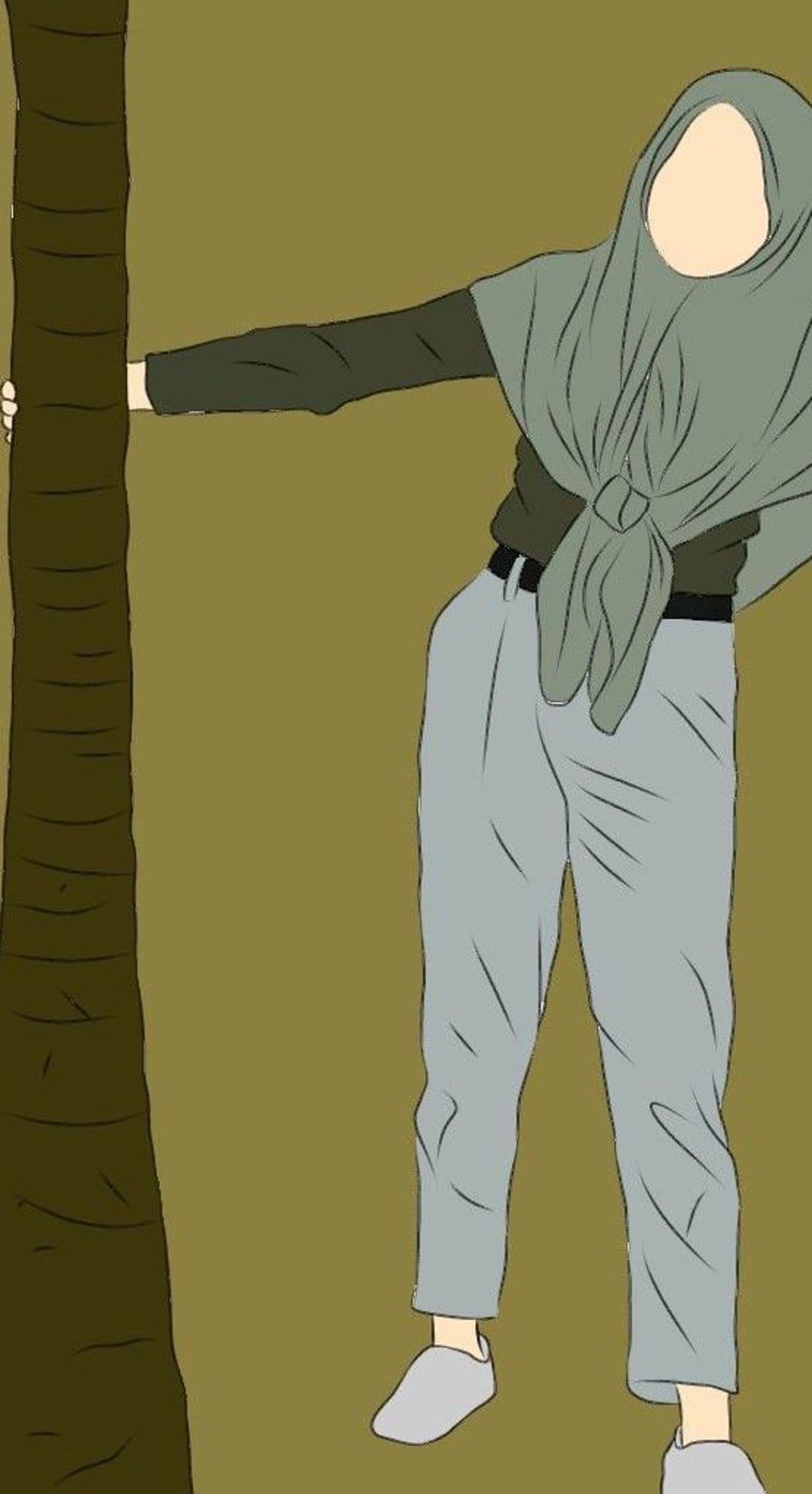 Woman wearing a hijab and casual clothing leans her arm against a brown tree trunk on a solid olive green background.