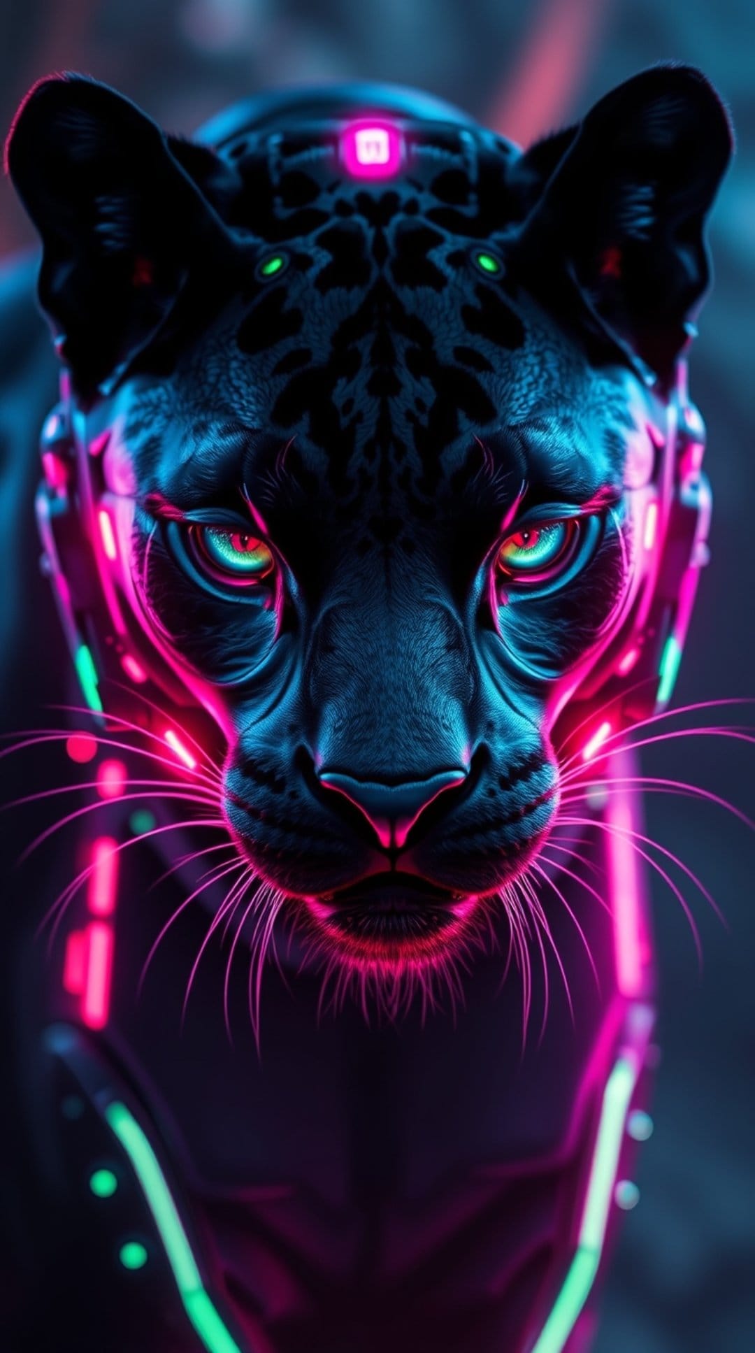 Black panther with glowing green eyes and neon cybernetic implants against a dark futuristic background.