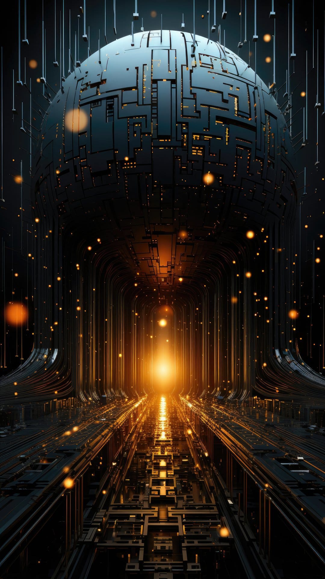 Glowing sphere with orange circuit patterns floats above a dark digital tunnel filled with light particles.