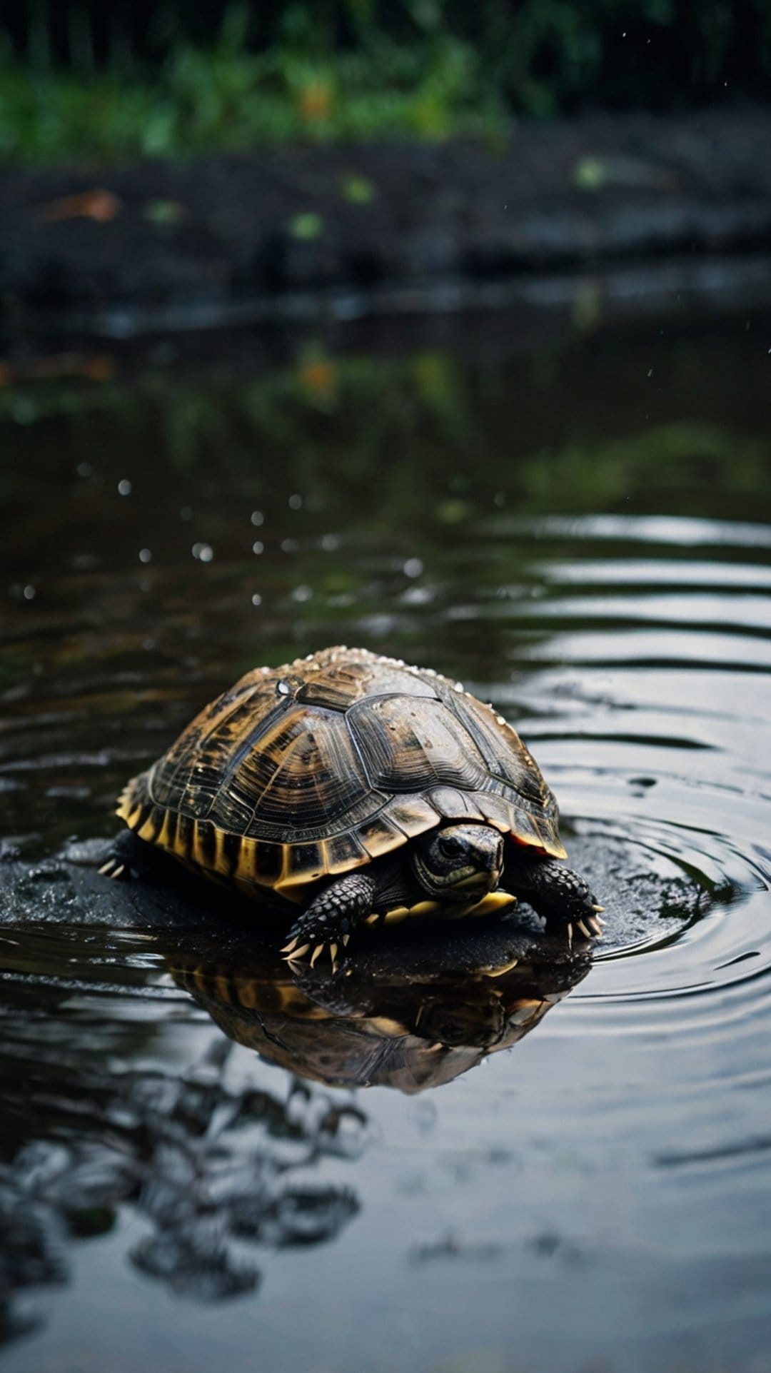 Pond turtle with a patterned shell perches on a wet rock in rippling water with soft green background reflections.